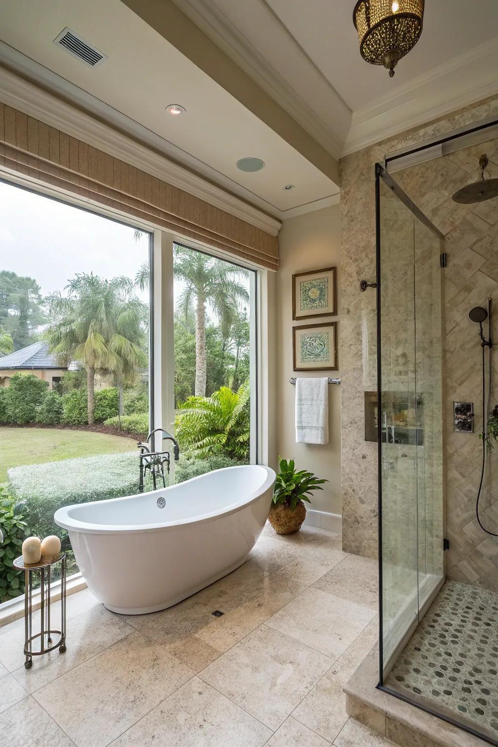 A spa-inspired retreat showcases a standalone tub and cascade shower.