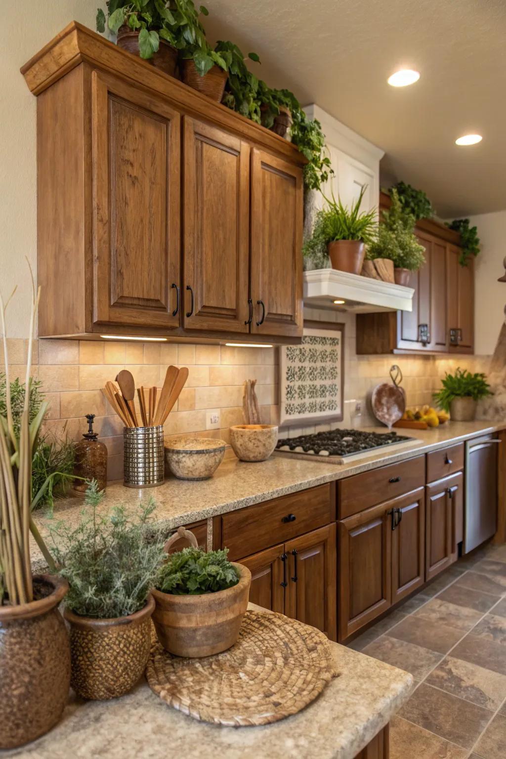 A kitchen that celebrates earthy elements for a welcoming and cozy atmosphere.