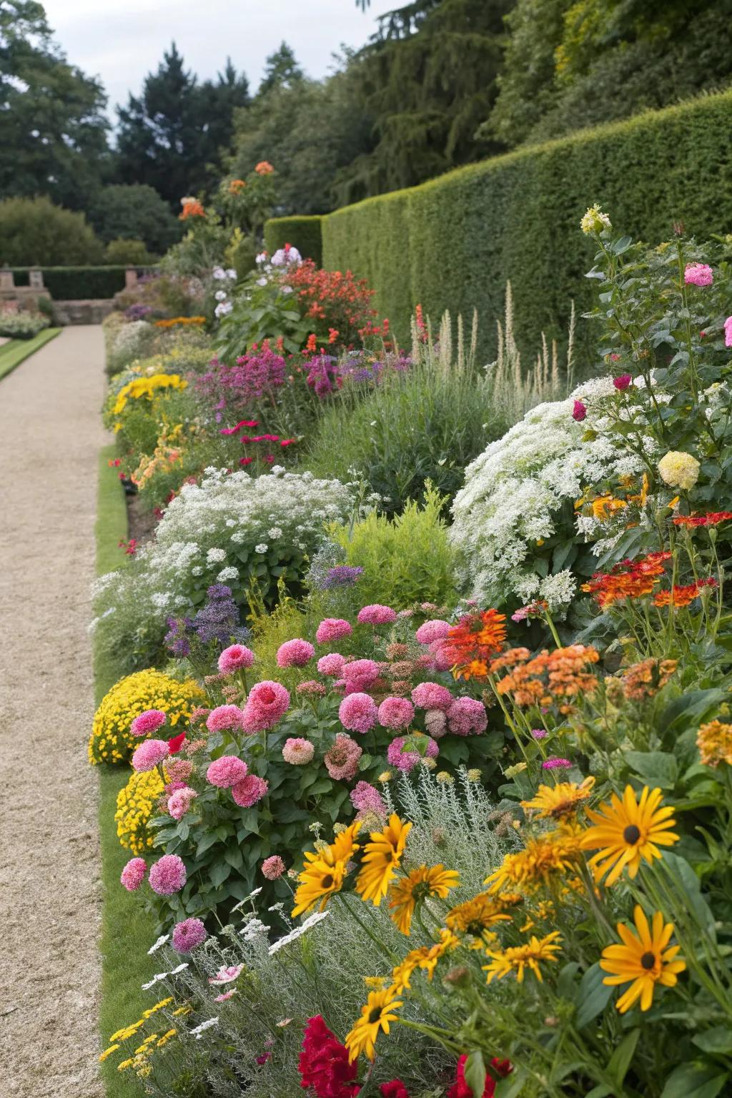 A spirited floral perimeter displaying blossoms for every season, guaranteeing perpetual allure.