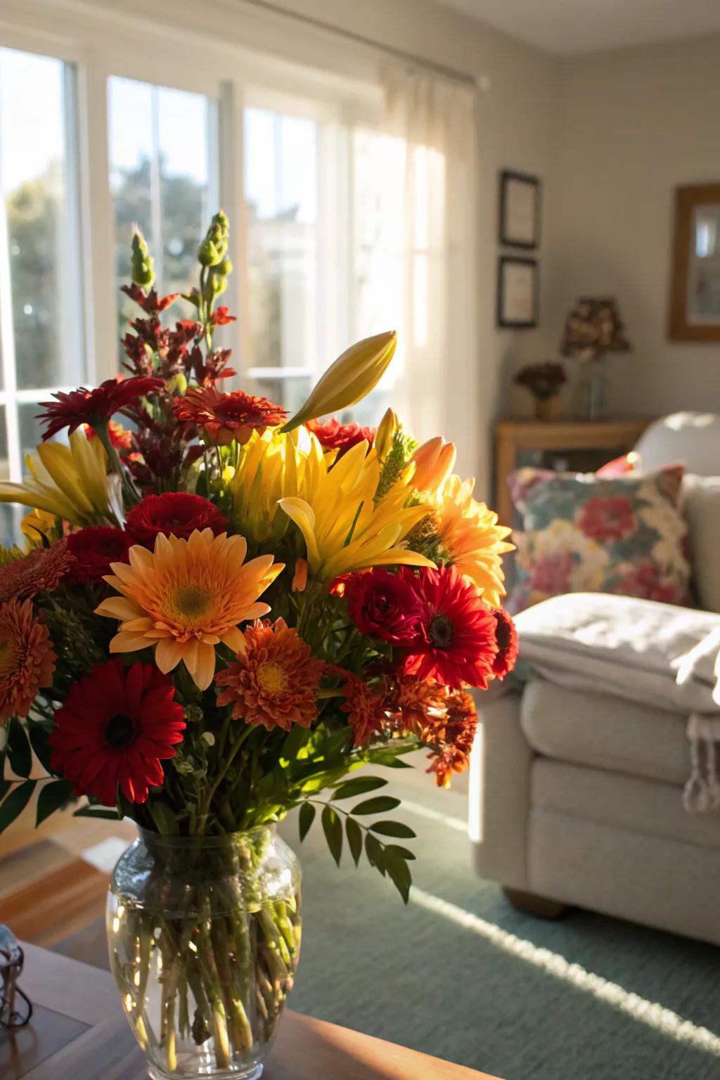 A vibrant arrangement that contributes a lively element to a sun-drenched living space.