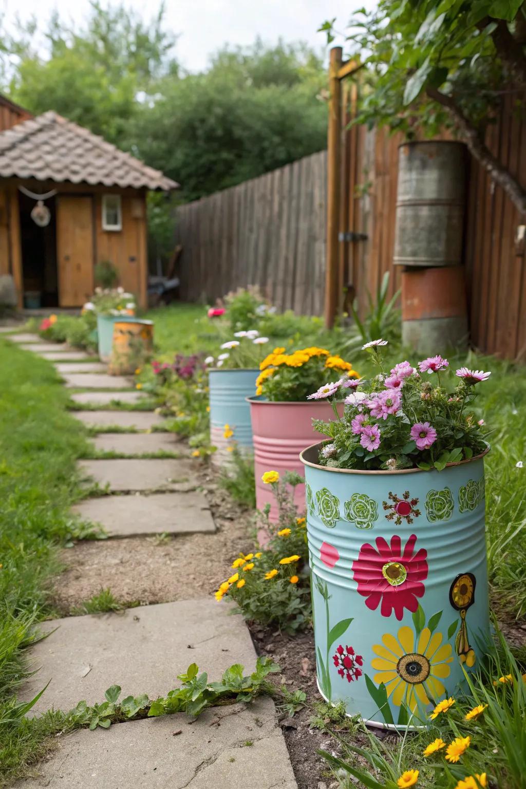 Repurpose metal containers into charming planters with a country vibe.
