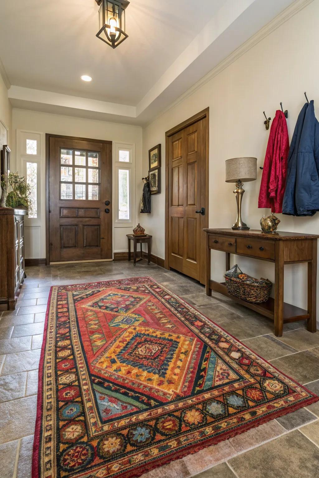 A well-chosen rug can be a center point in an entrance, adding convenience and style.