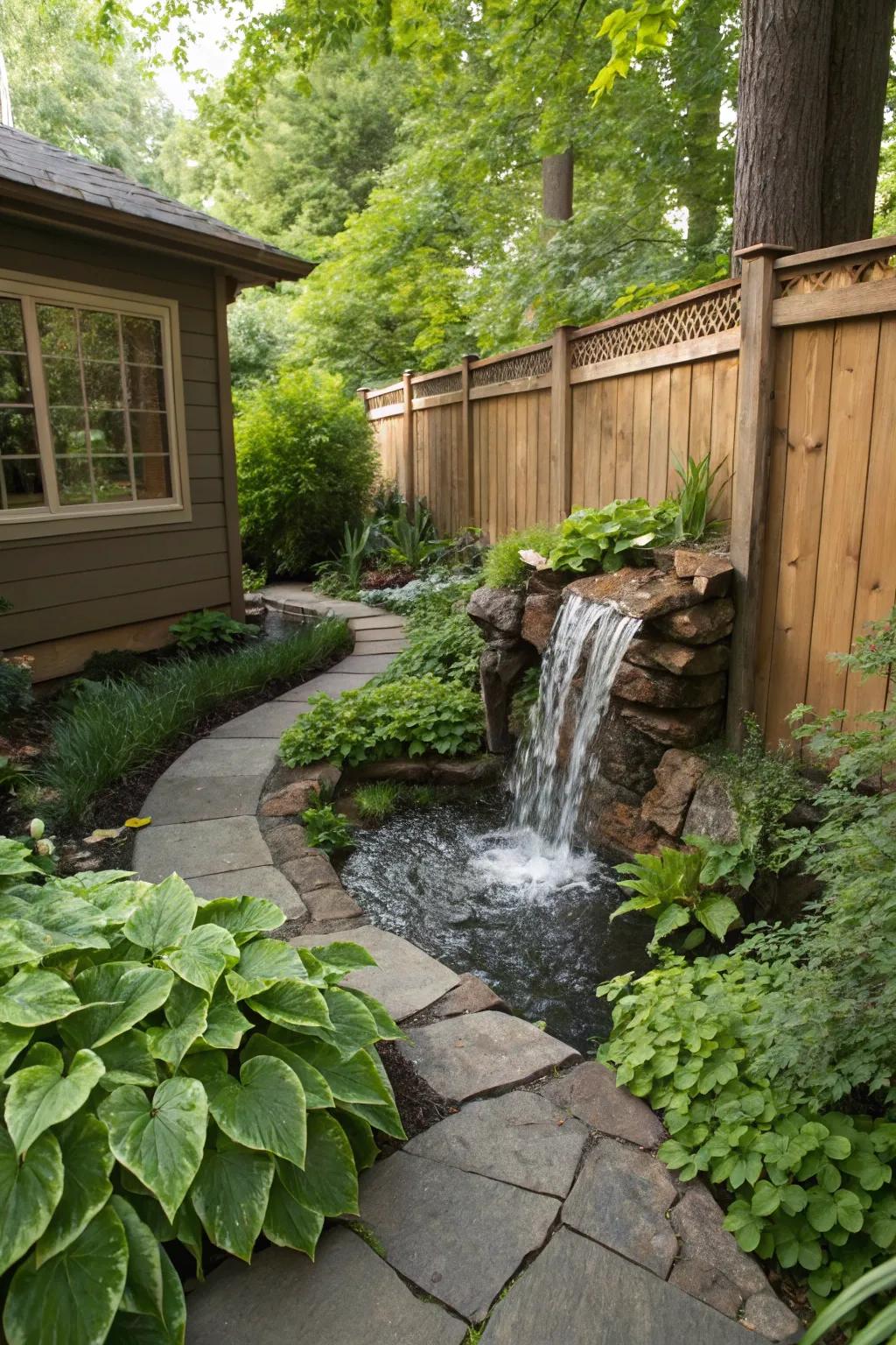 A calming cascade feature disguising a French drain in a verdant sanctuary.