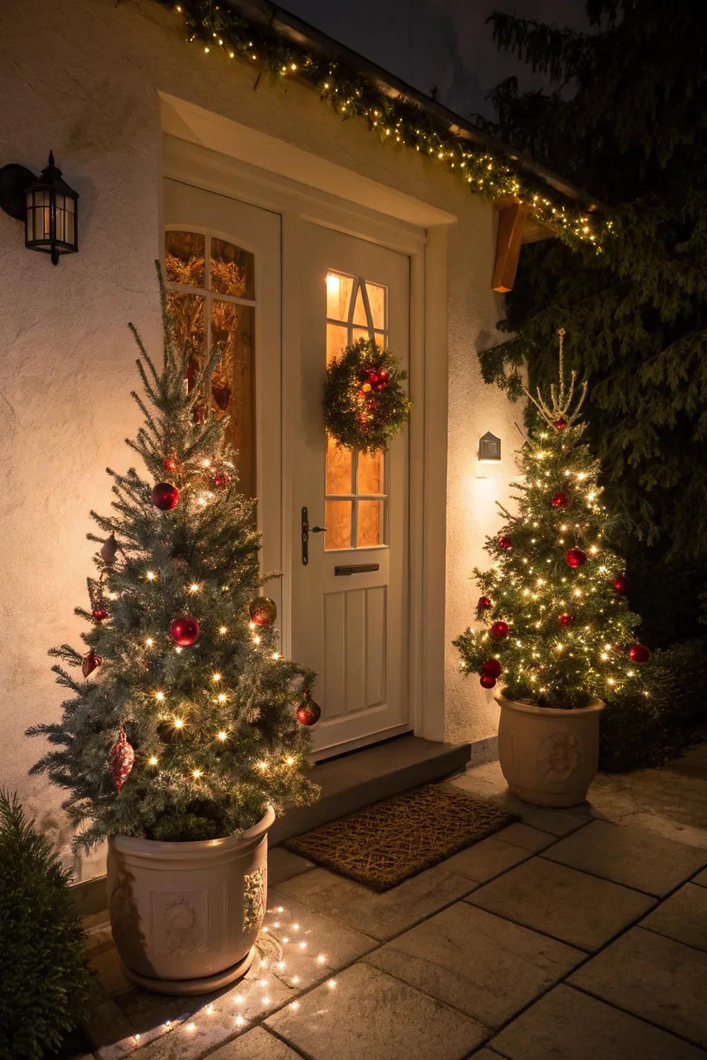 Balanced small Christmas spruces by the front door.