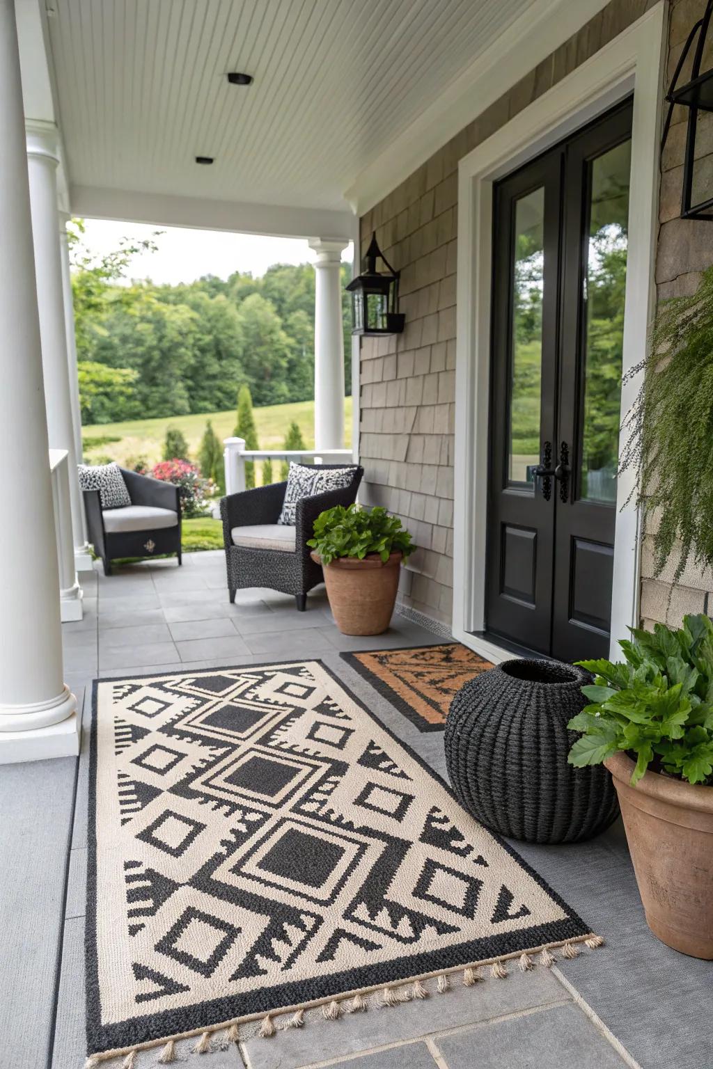 A boldly patterned doormat with geometric figures.