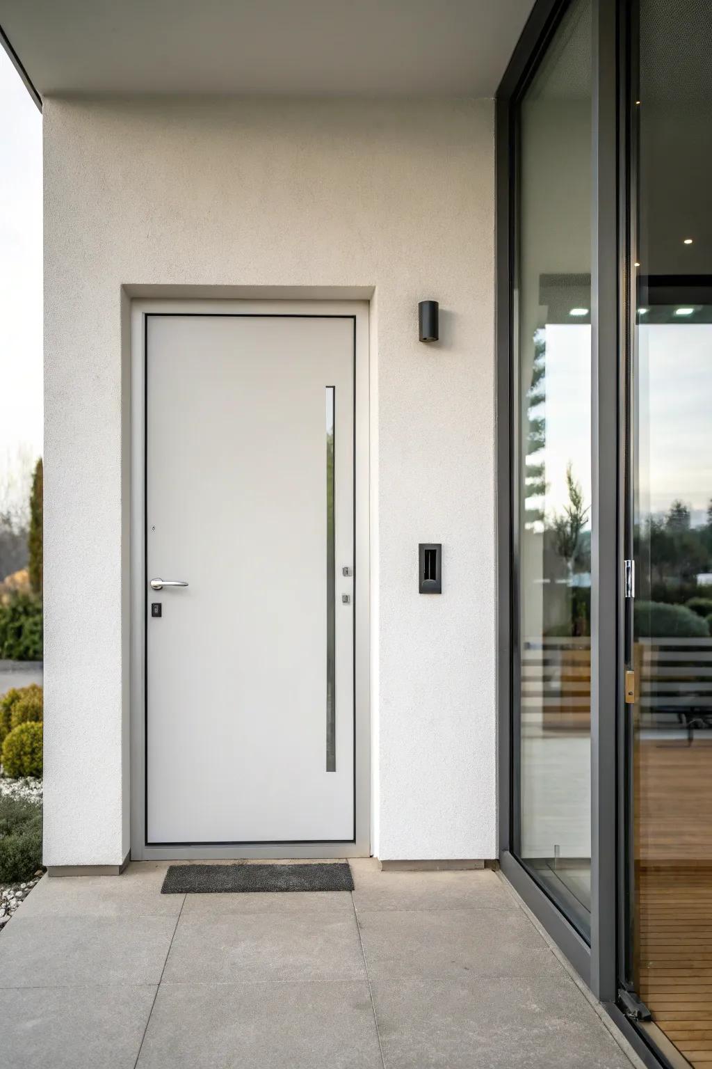 An understated steel door with a slim vertical sidelight gives off a modern elegance.