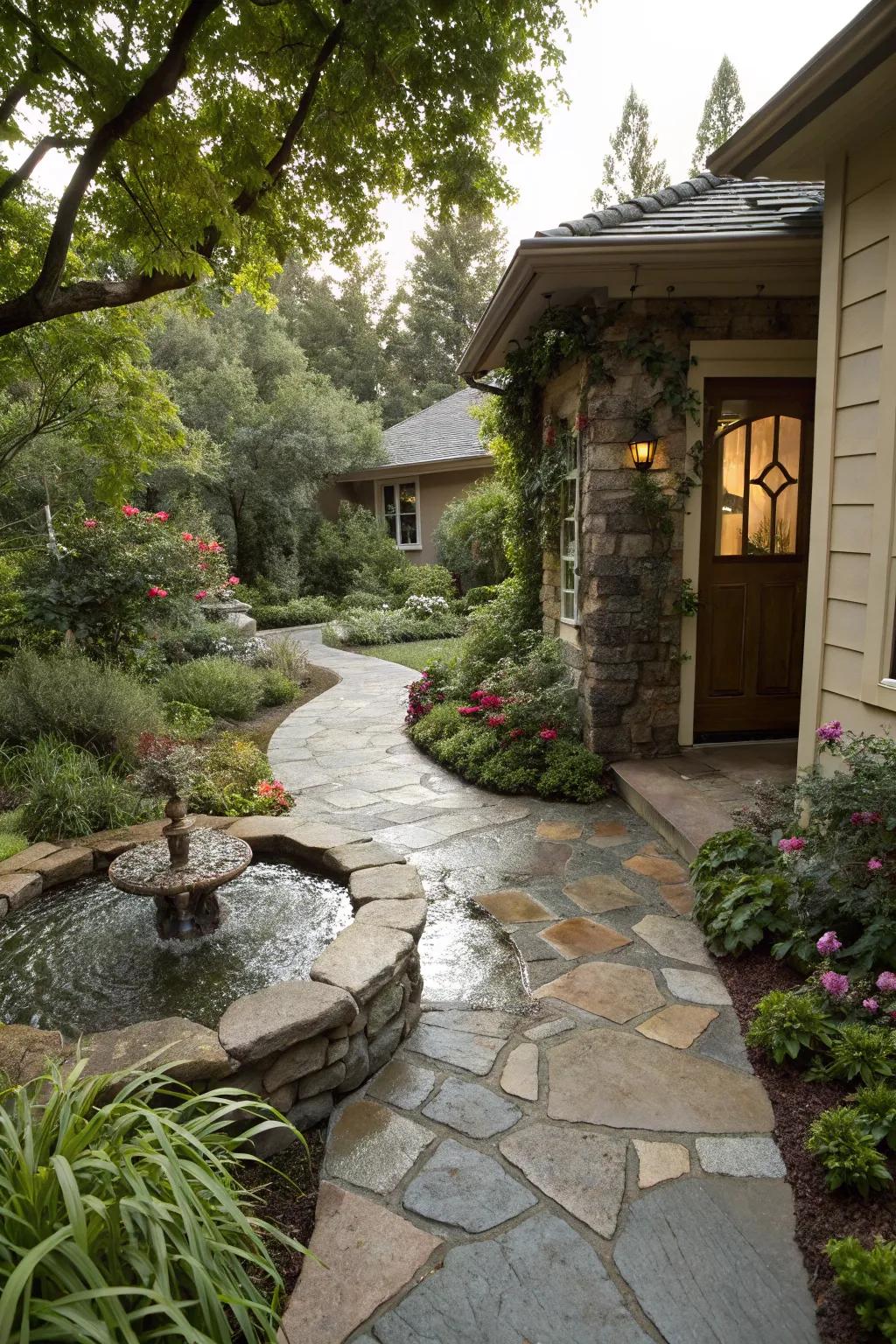 Natural stone pavers for a sophisticated and grounded entrance.