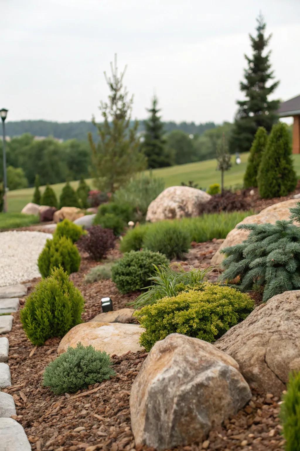 A landscaped garden featuring rocks and ground cover for enhanced texture.