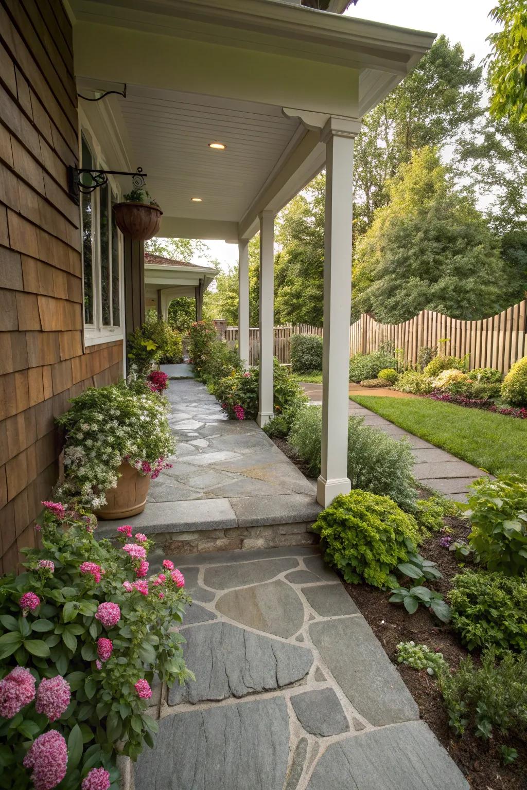 A distinct stone walkway directing to a warm front porch.