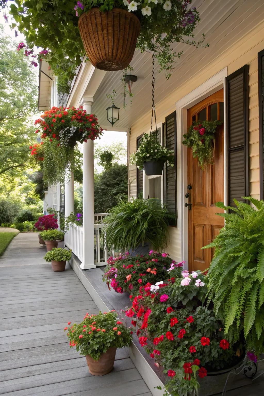 Lush green plants design a refreshing porch area.