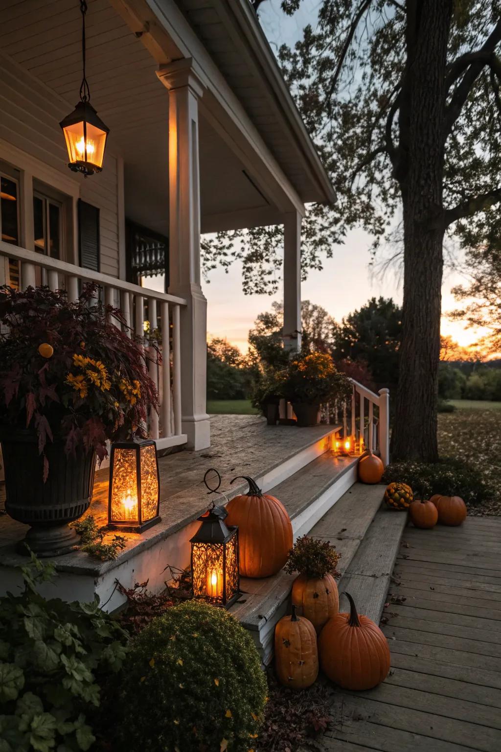 Luminaries infuse a cordial radiance to nocturnal porch showcases.