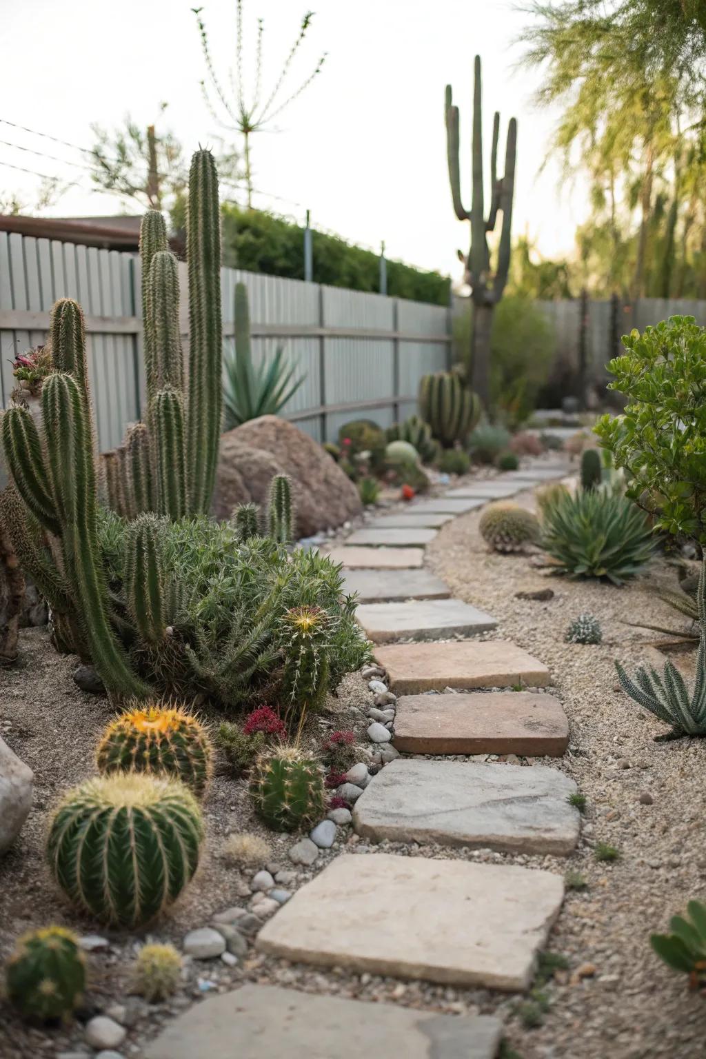 Sophisticated stepping stones in a desert plant landscape.