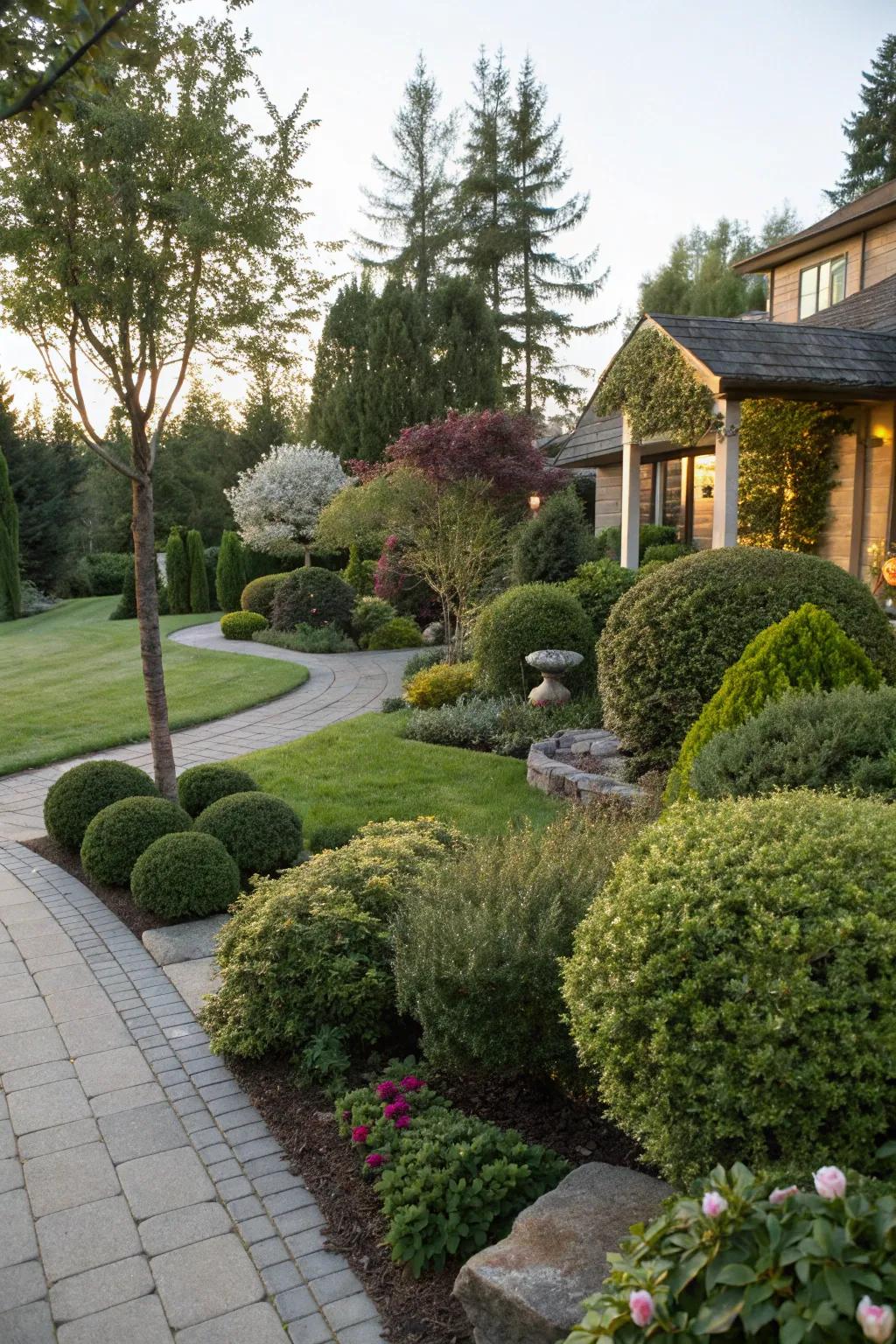Ornamental bushes contribute structure and foliage to your front yard layout.