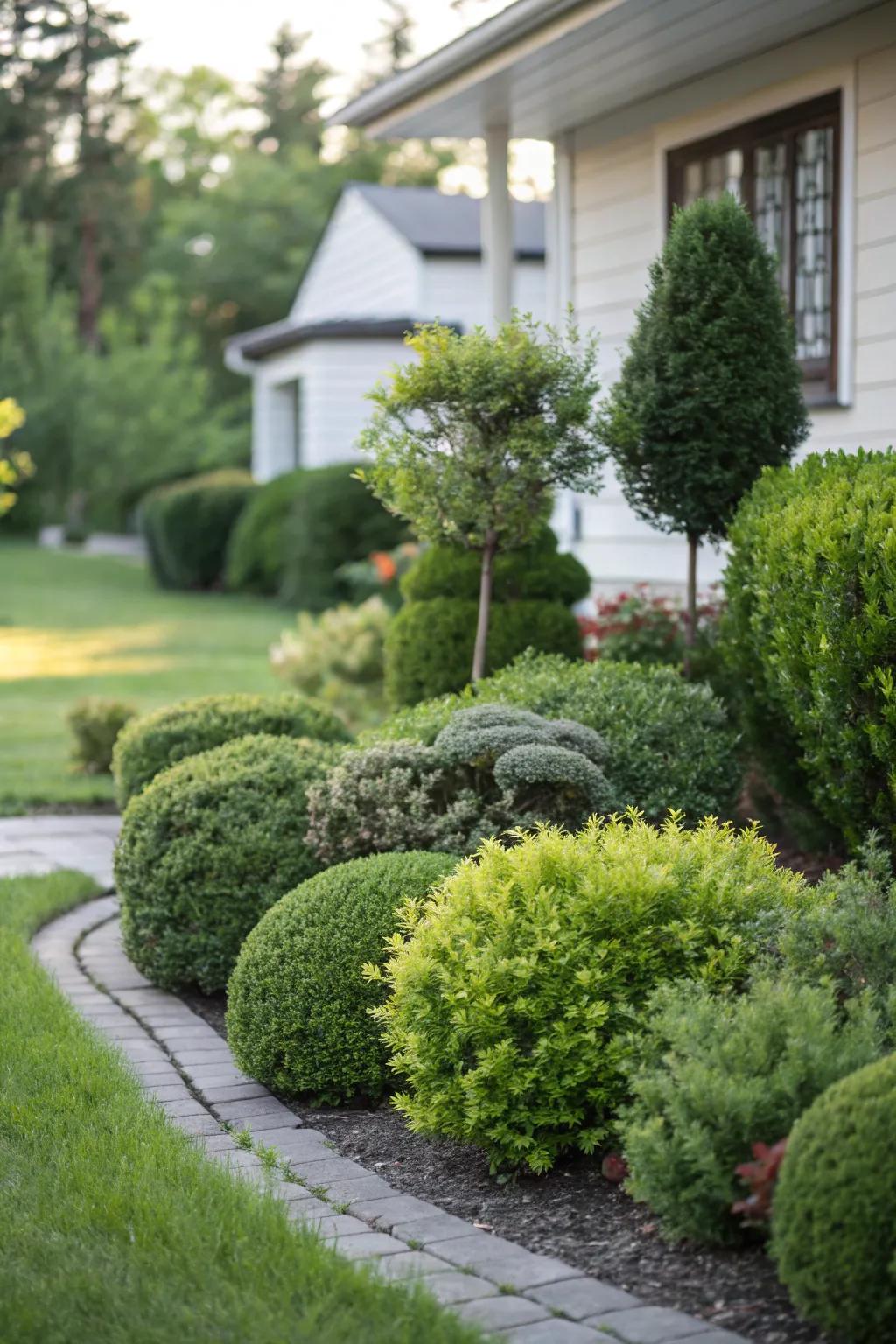 Layered shrubs enrich the depth and interest of this front yard landscape.