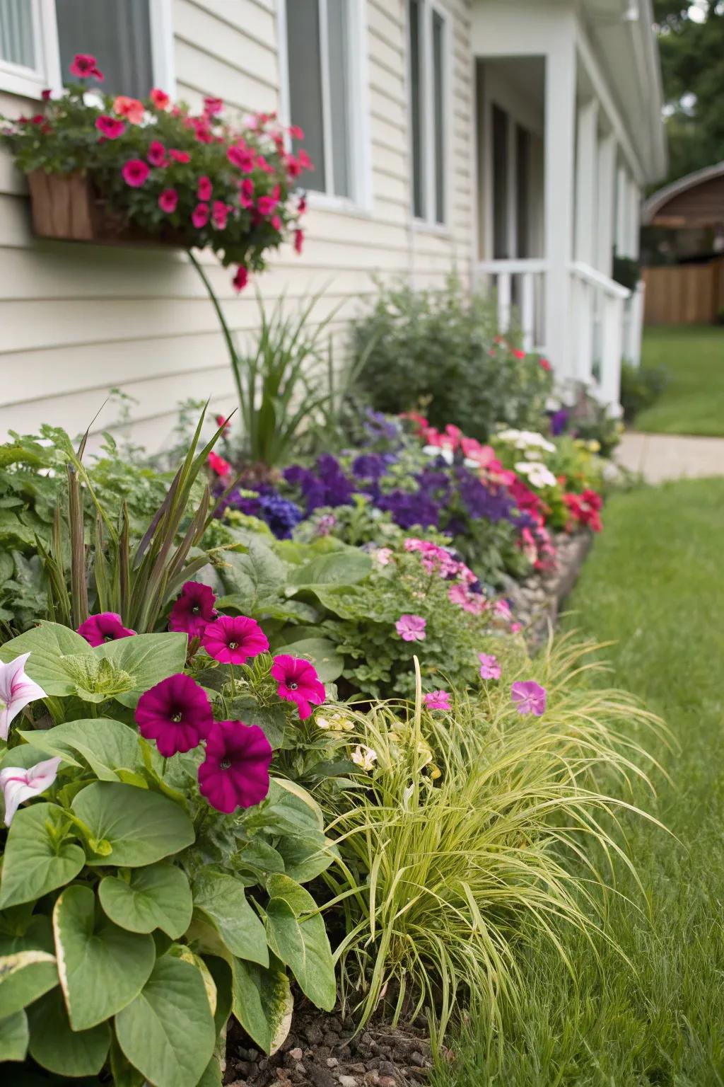 Introduce dimension through varied plantings of viburnums and complementary plants.