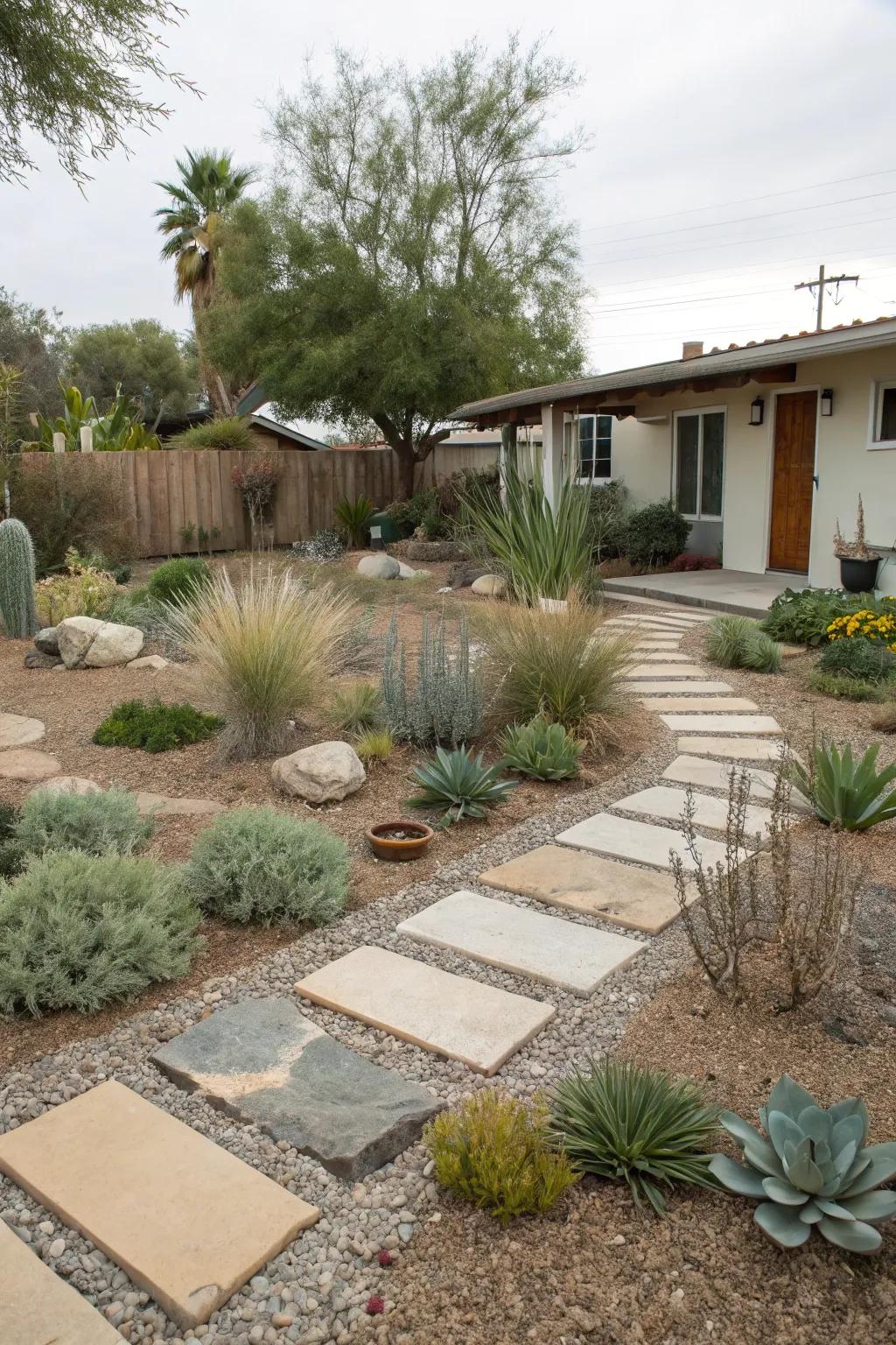 Defined pathways adding structure and charm to a xeriscaped yard.