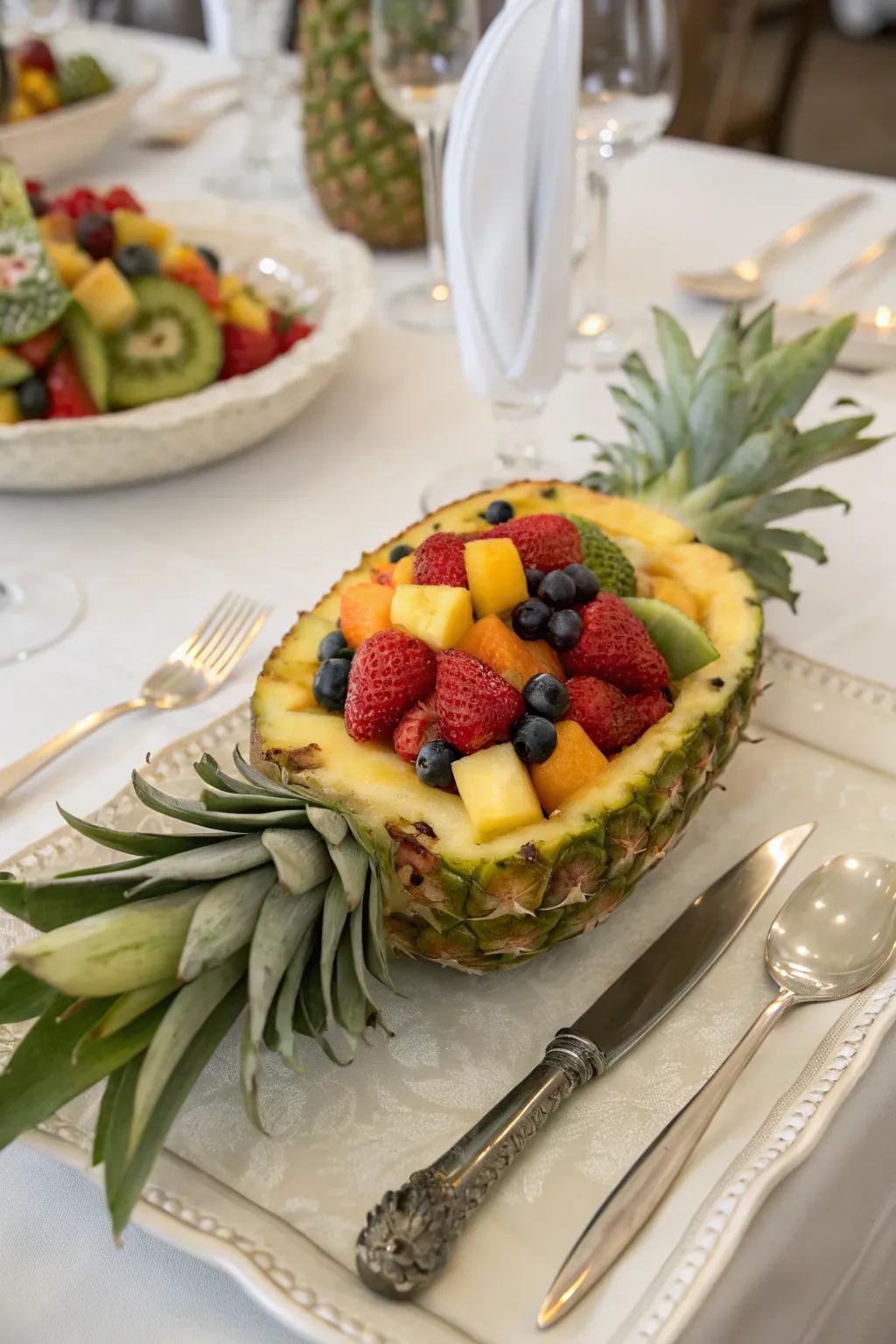 A tropical pineapple centerpiece bringing the ambiance of the beach to your dining area.