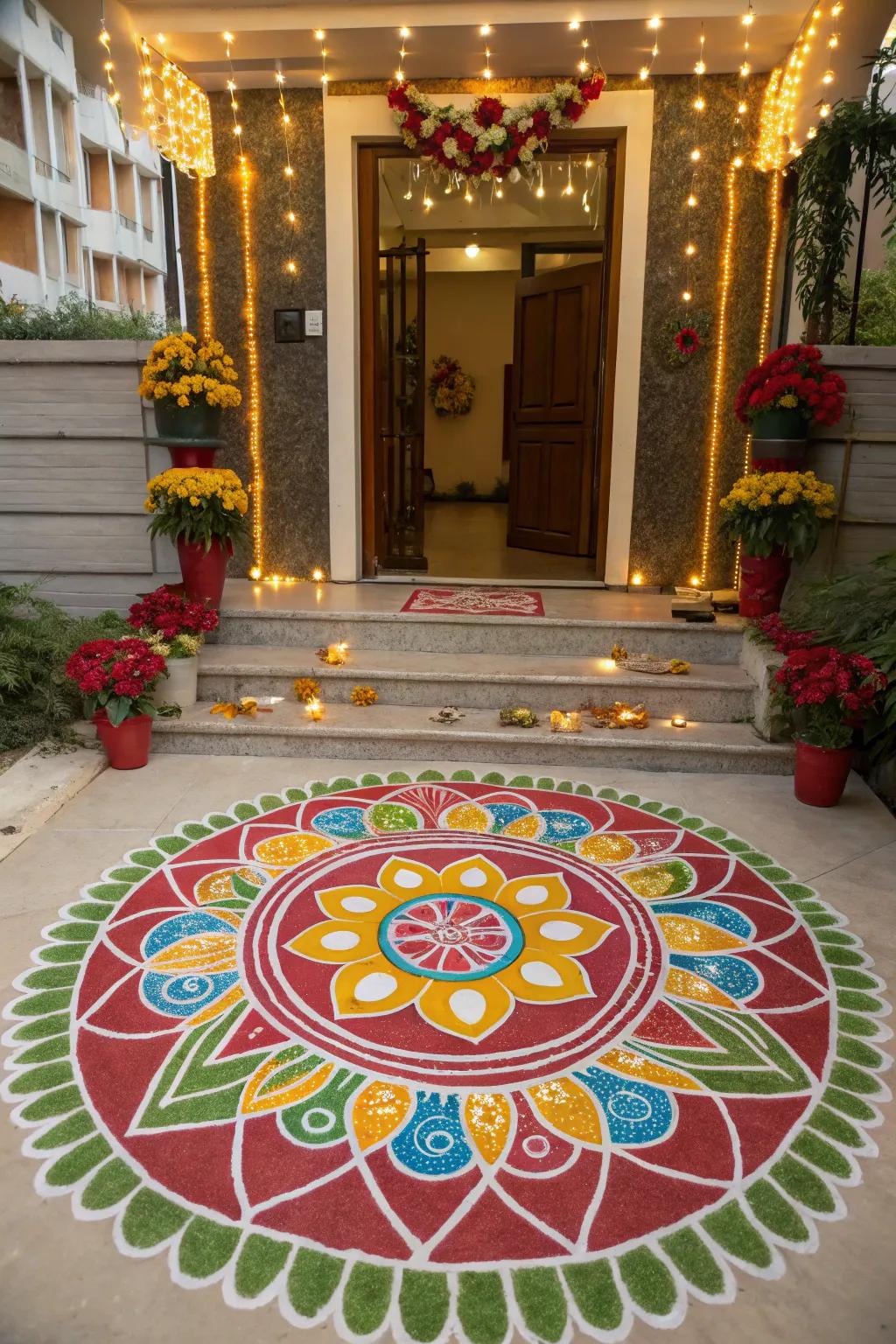 A vibrant floor design extending a welcome into the festive home.