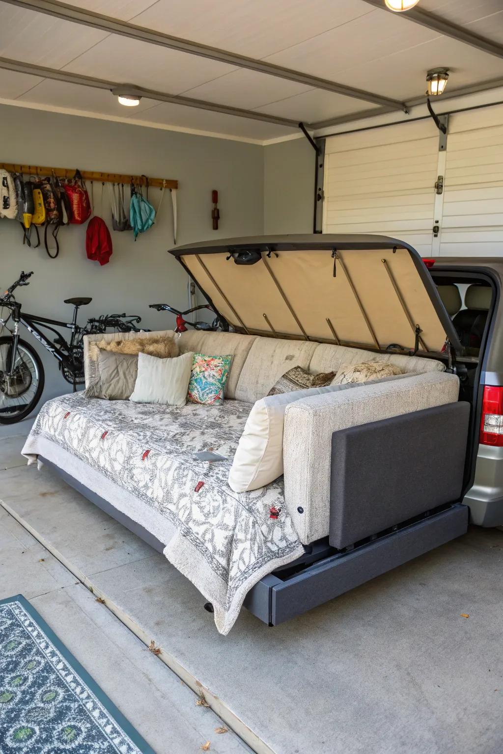 A convertible couch brings flexibility, changing your garage into a flexible area.