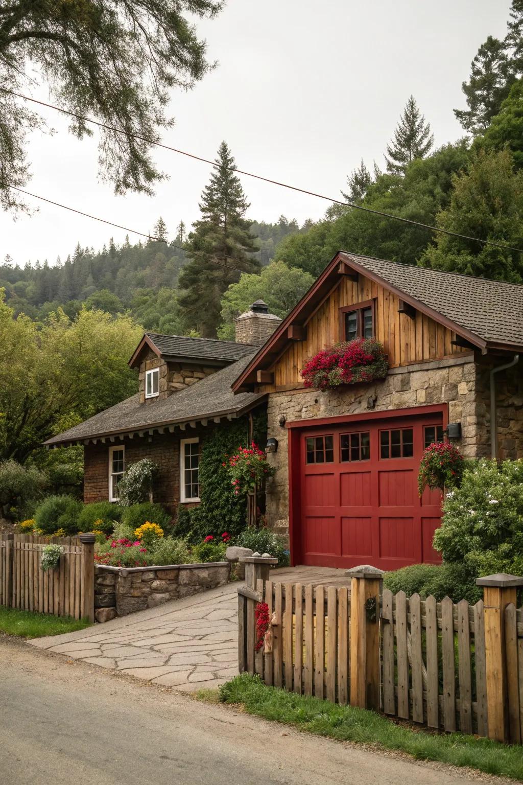 A crimson garage entry contributes countryside allure and warmth to your house.