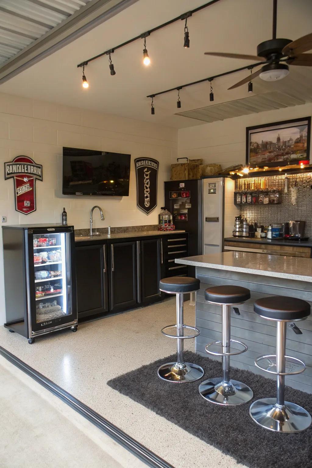 A refined and chic bar setup for your garage man cave.