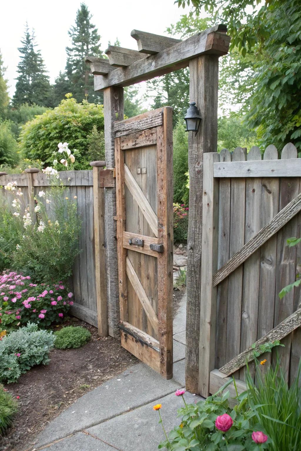 Handcrafted salvaged stable lumber gate infuses a tailored element to your garden.