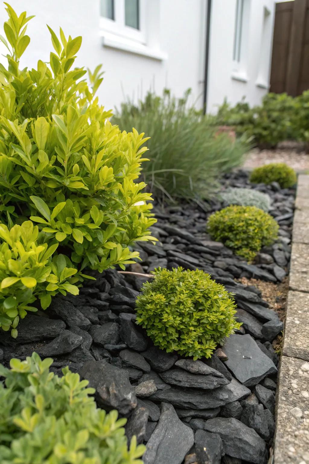 Amplify the verdant elements of your garden with contrasting stone fragments.