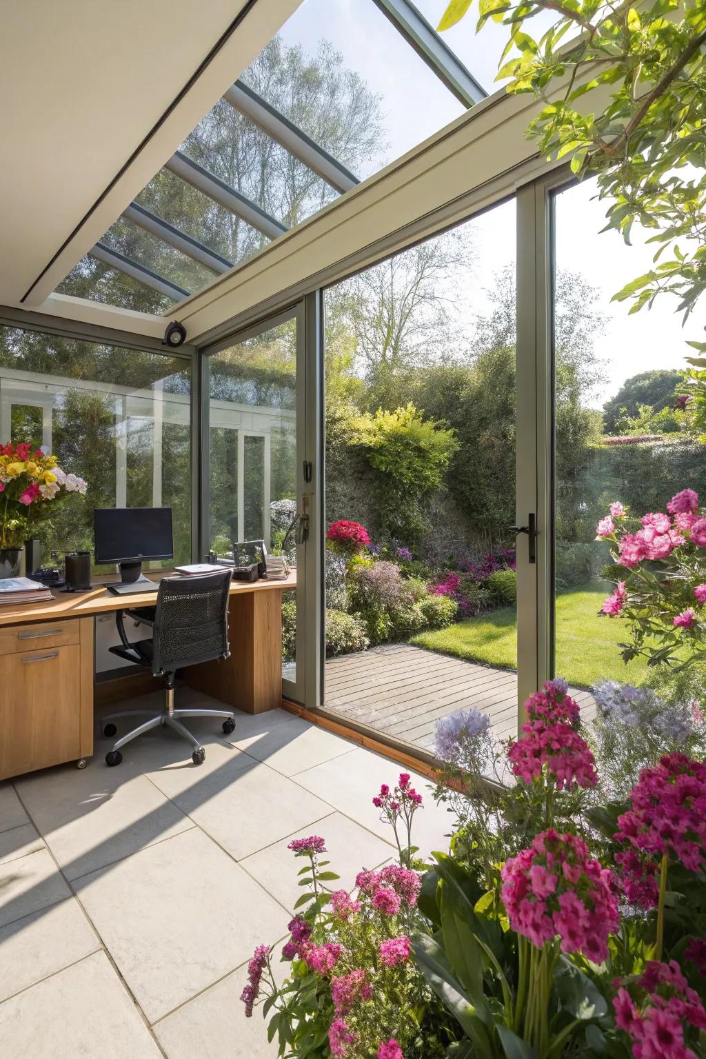A bright garden office with glass walls, offering a light and breezy feel.