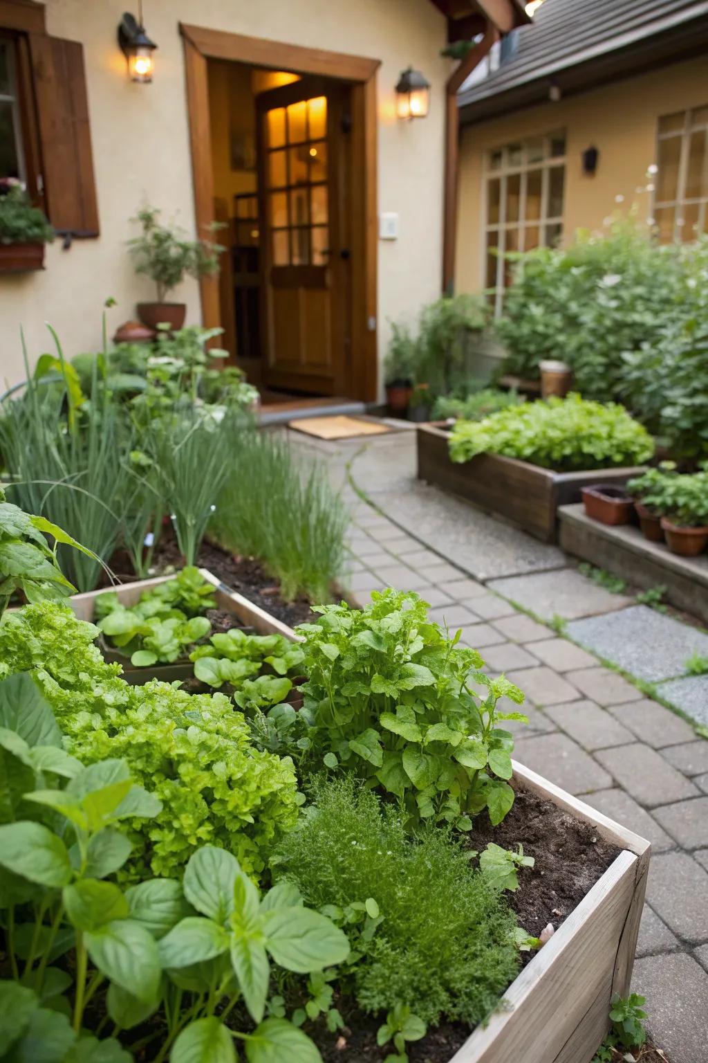 A handy culinary garden stocked with fresh spices and leafy greens.