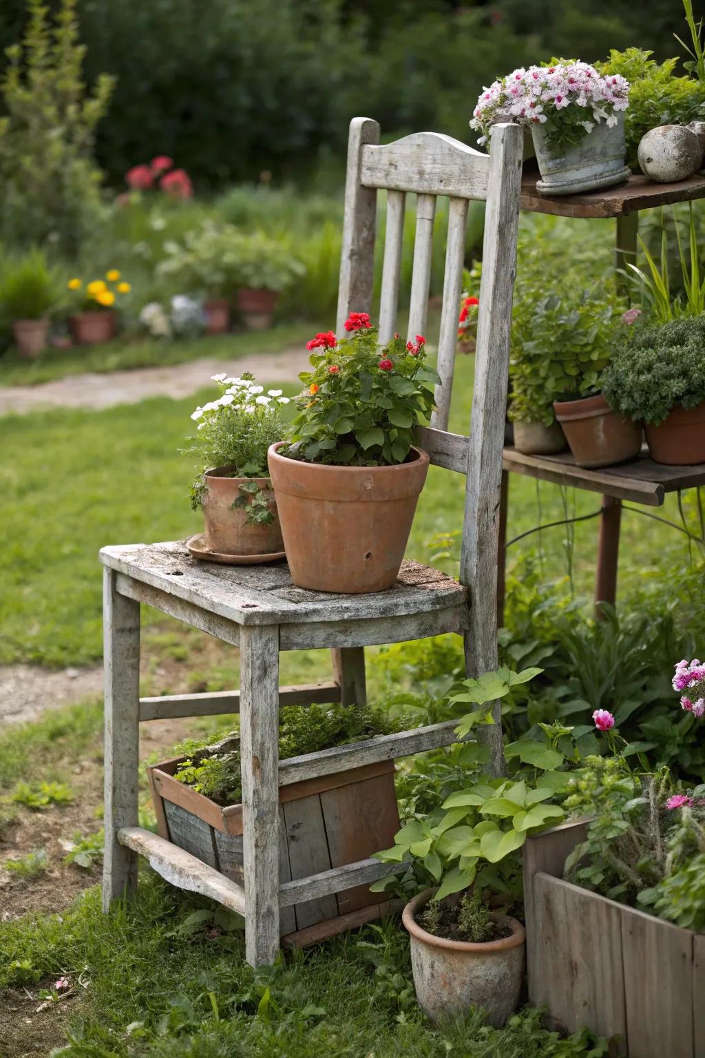 Aged furniture can secure renewed purpose as distinctive flora displays.
