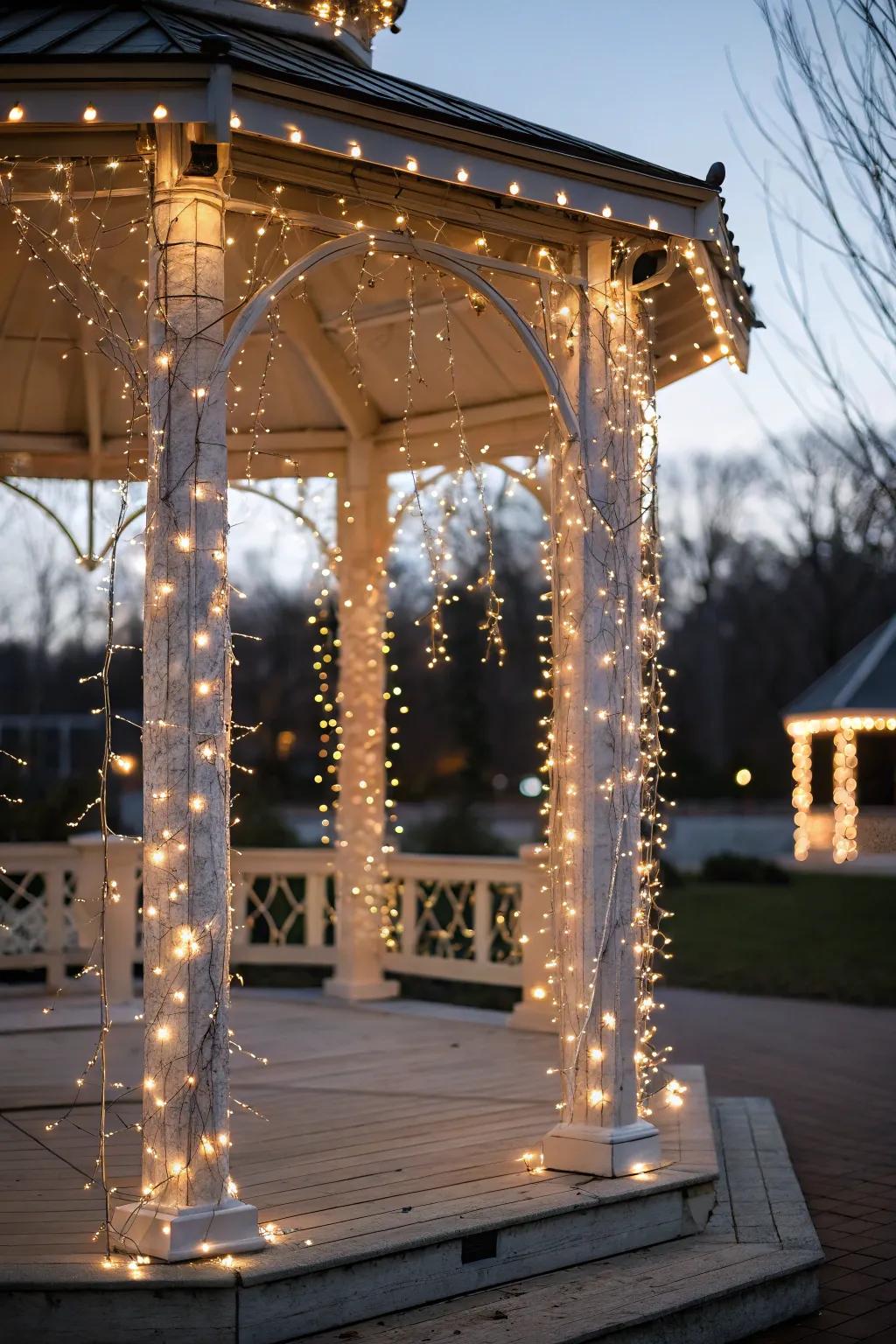 Sparkle lights entwined around gazebo supports introduce an element of fantasy.