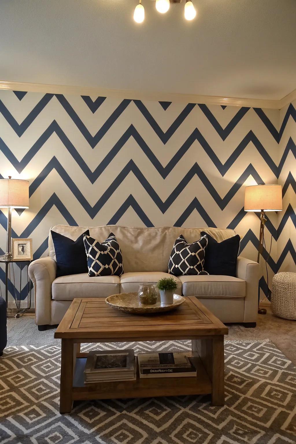 A living room showcasing dynamic chevron geometric wall patterns.