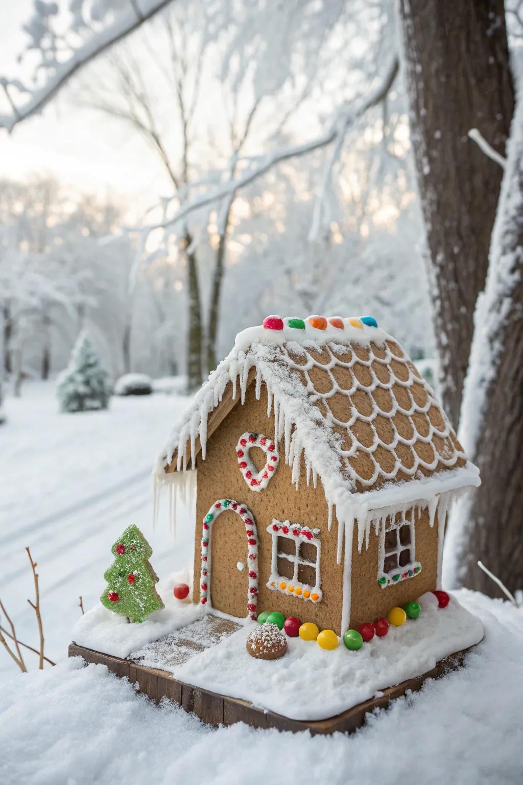 Frosty hanging droplets bestow a wintry allure to gingerbread dwellings.