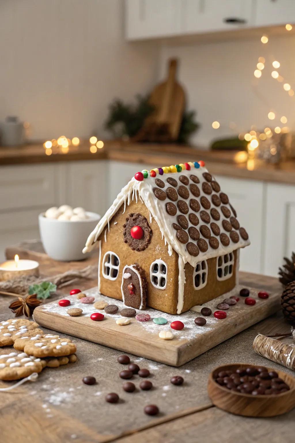 A gingerbread peak tiled with cocoa discs.