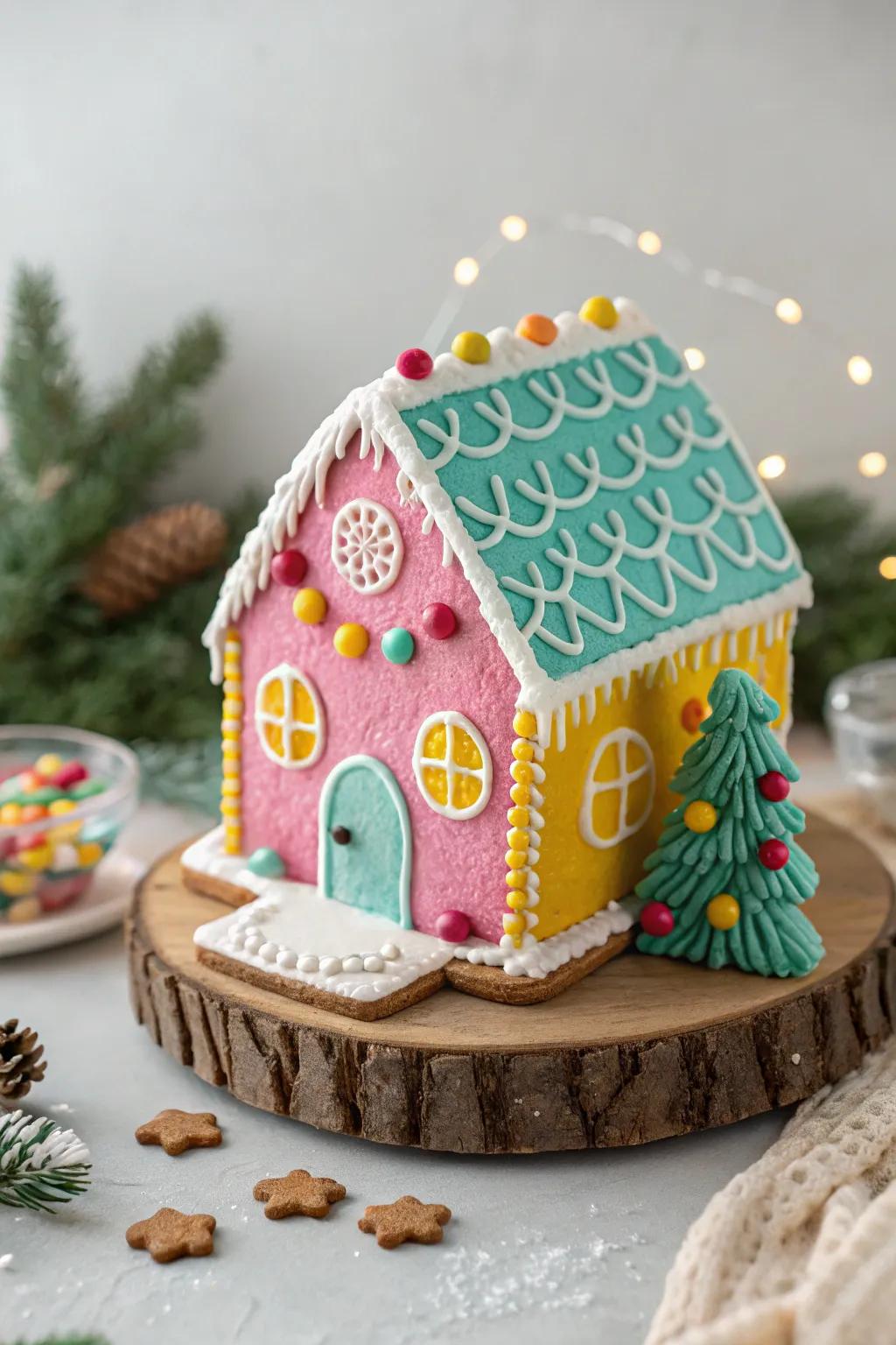 Add a splash of playfulness to your holiday decorations with this colorful gingerbread masterpiece.