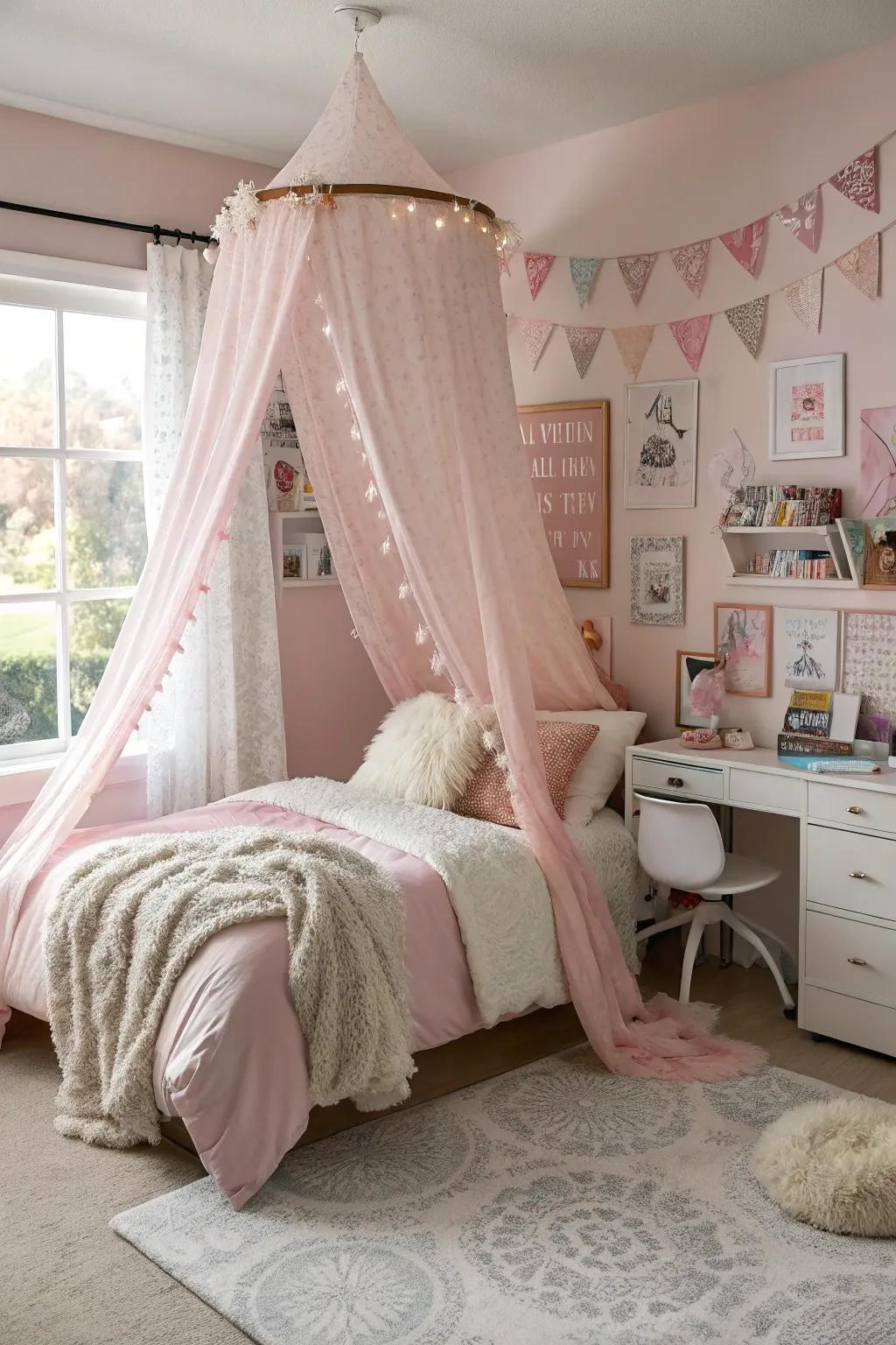 A rosy bedding crown gives the bedroom a dreamy vibe.