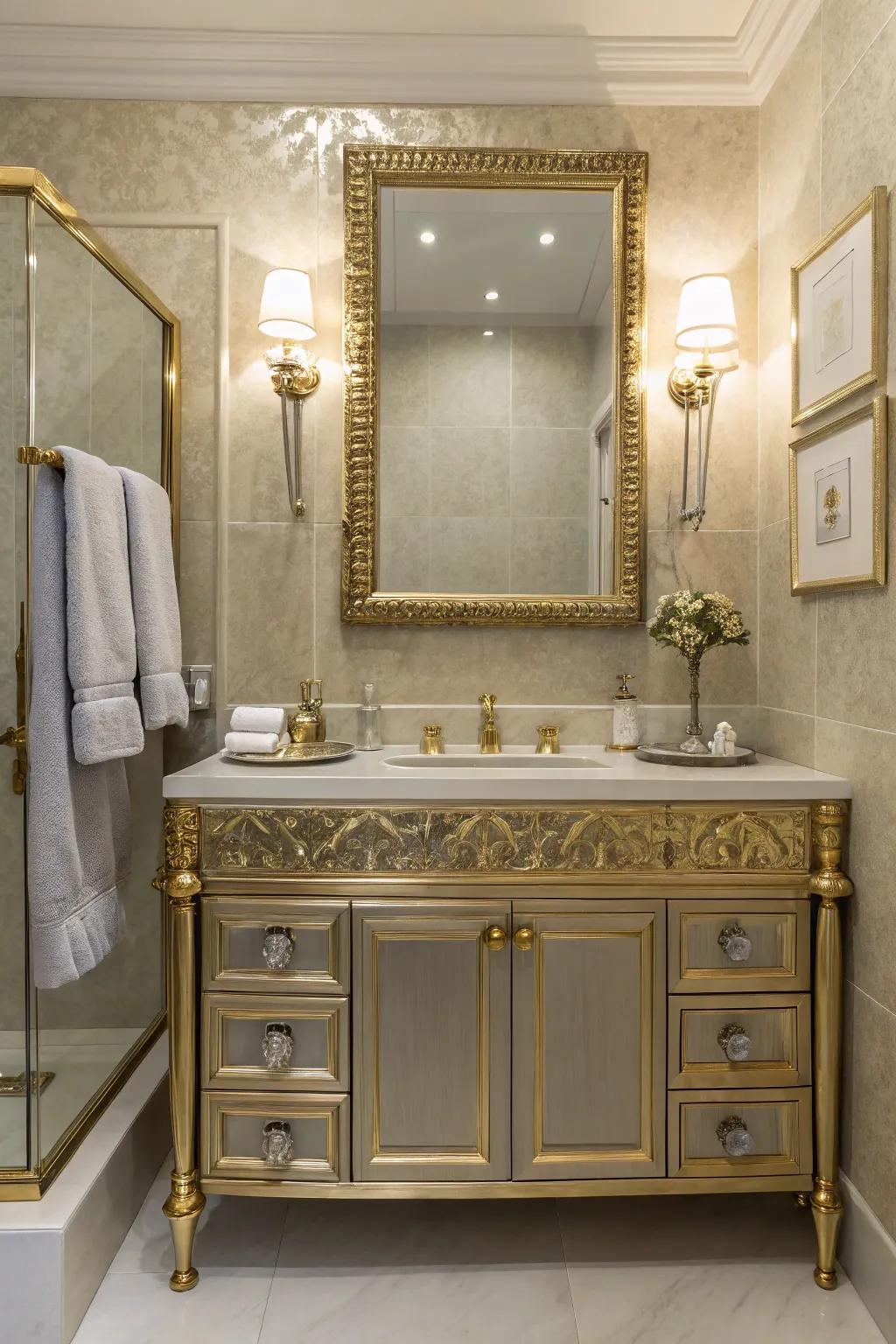 A modern bathroom sparkles with gold fixtures and silver decor elements.