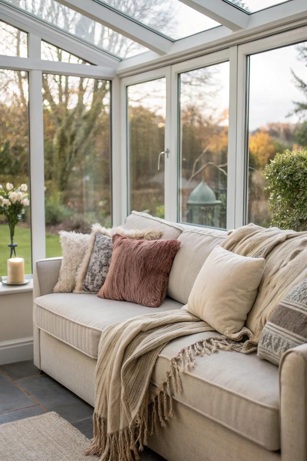 A pleasant sectional couch is perfectly suited for relaxation within a glass-walled extension.