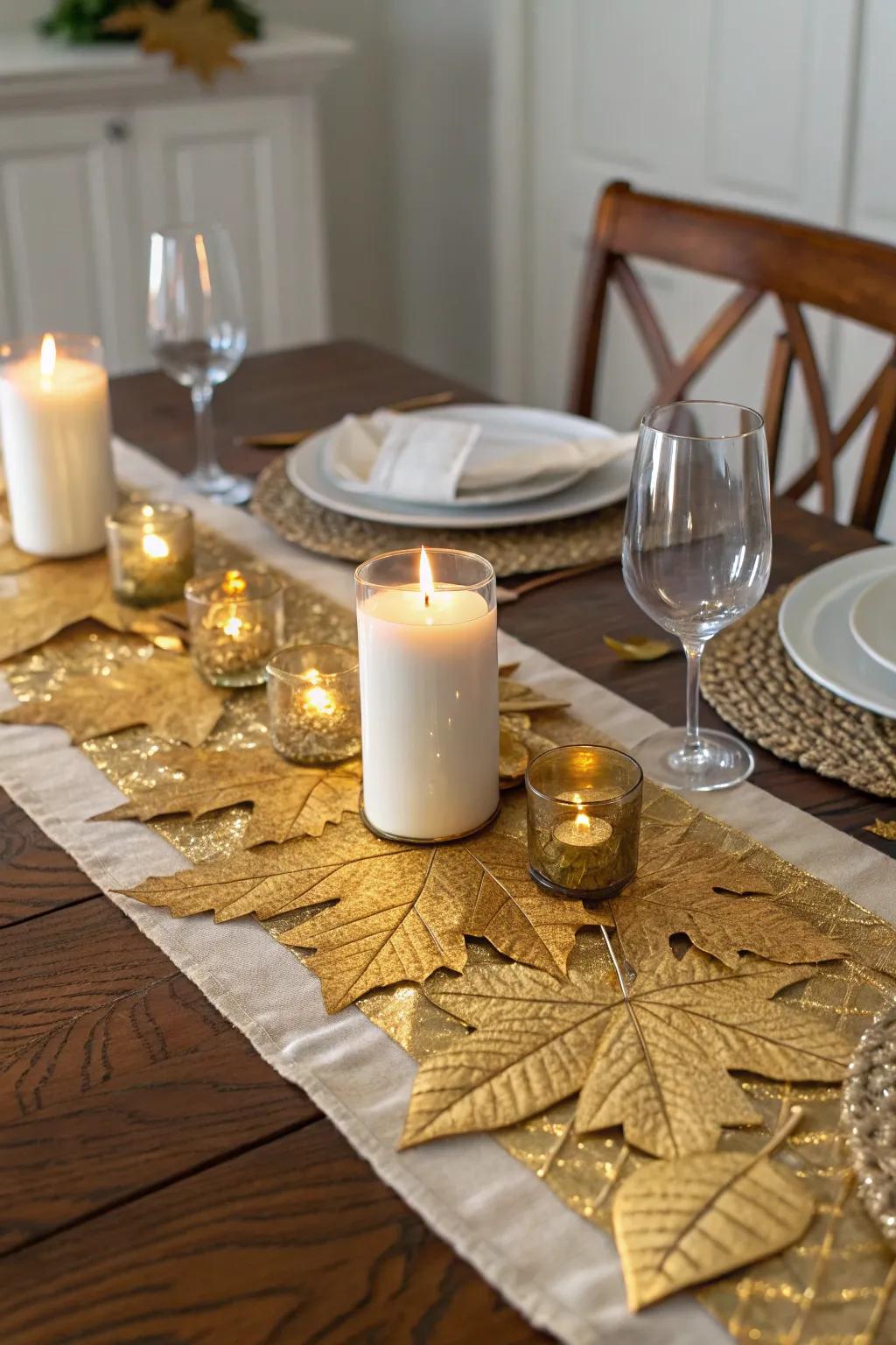 An enchanting gilded foliage surface adornment embellished with radiant wax elements.