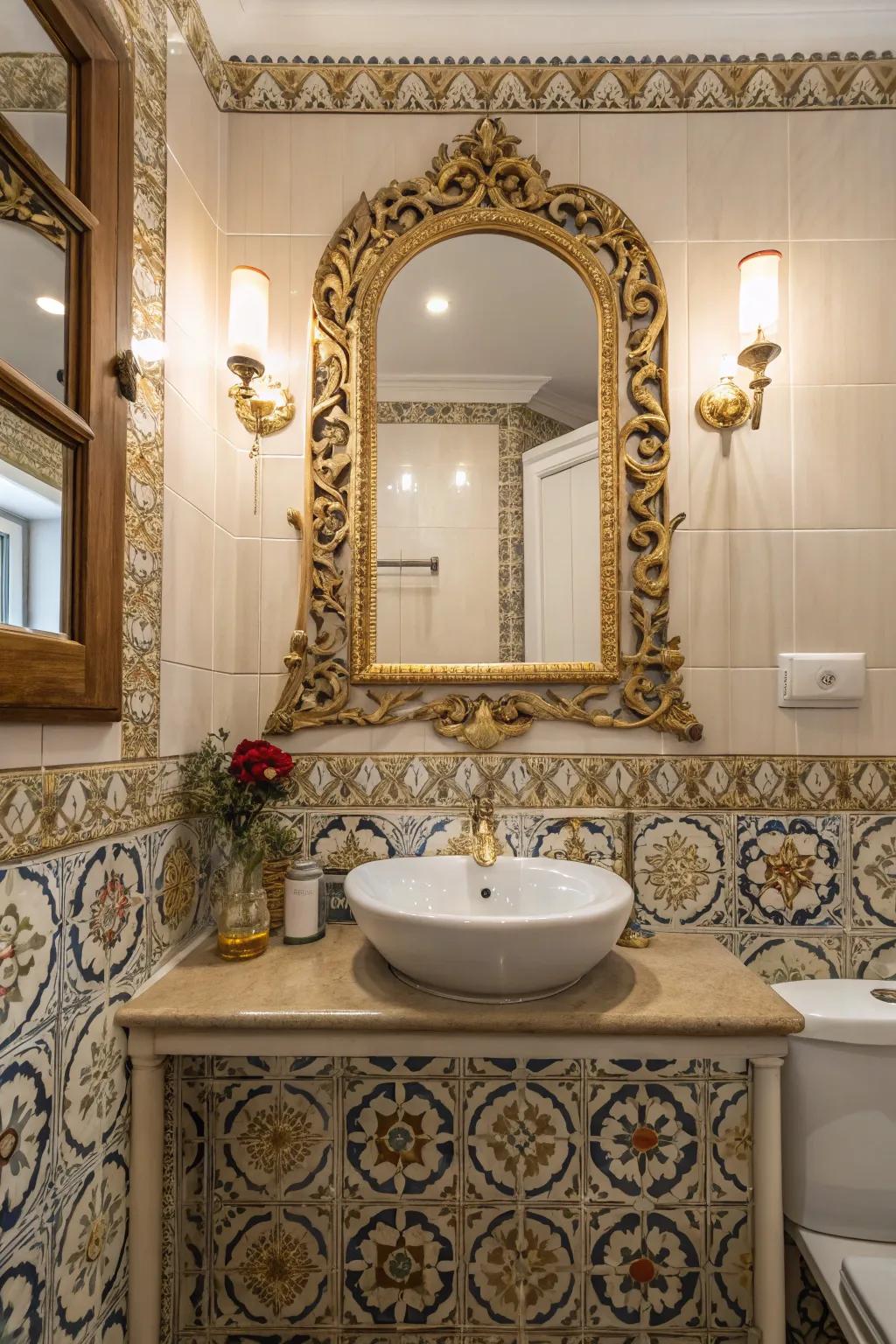 Elaborate features boost the gothic beauty of this bathroom.