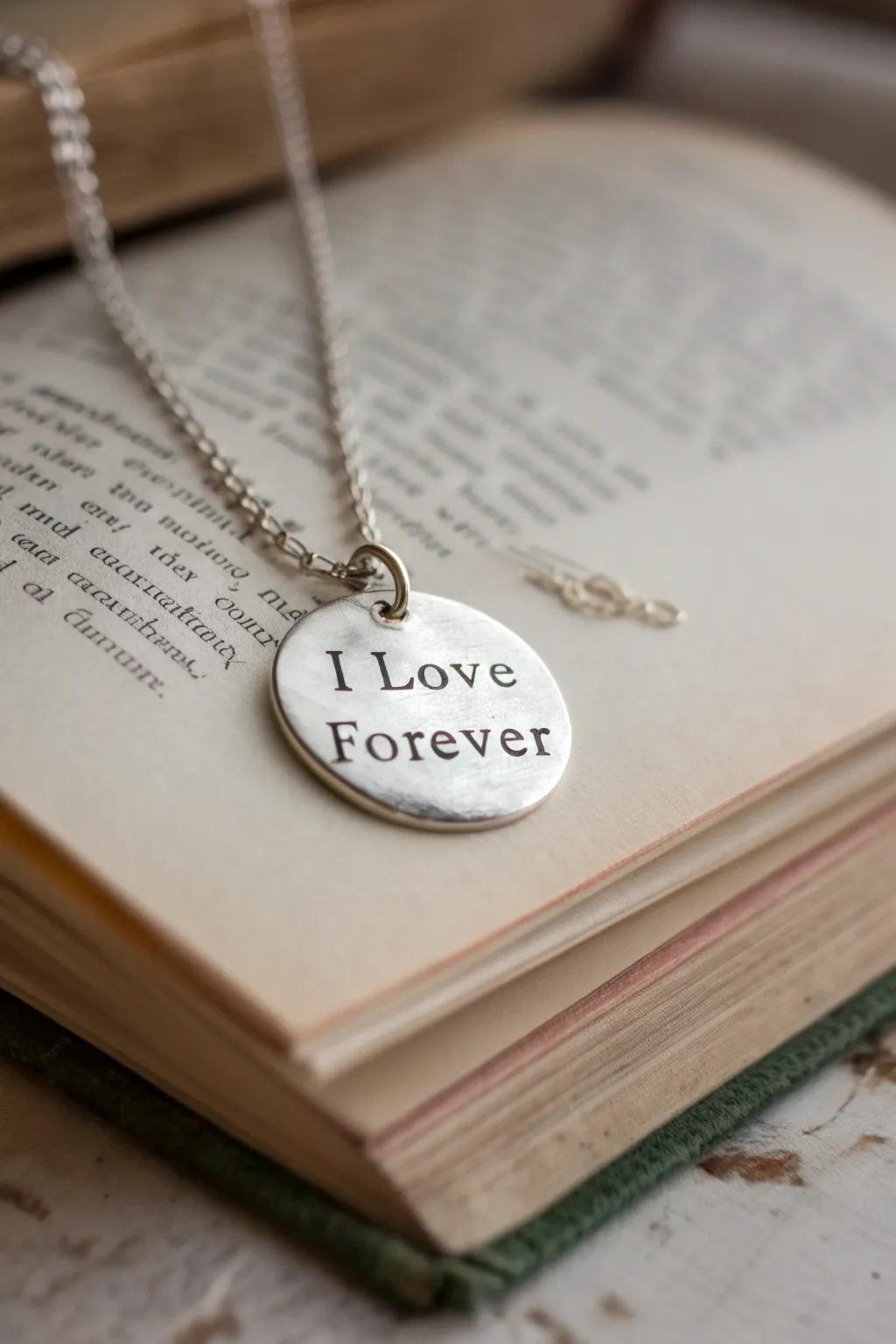 A meaningful necklace showcasing an inscribed poignant expression.