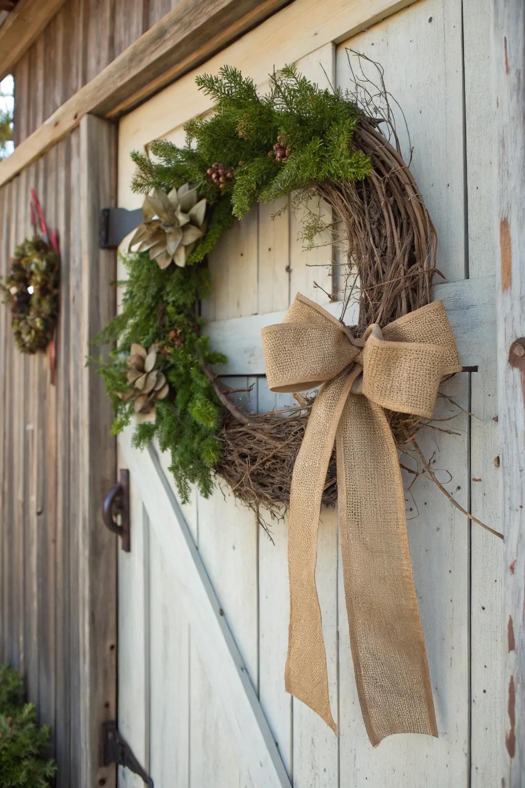 A down-to-earth natural fiber wreath accented with twine and ribbon.