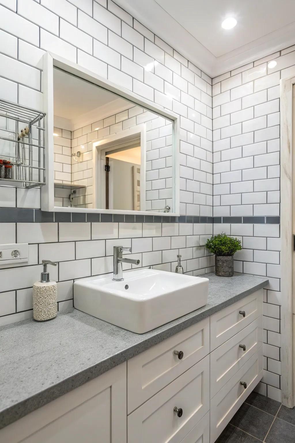 White metro panels with gray grout offer a timeless charm.