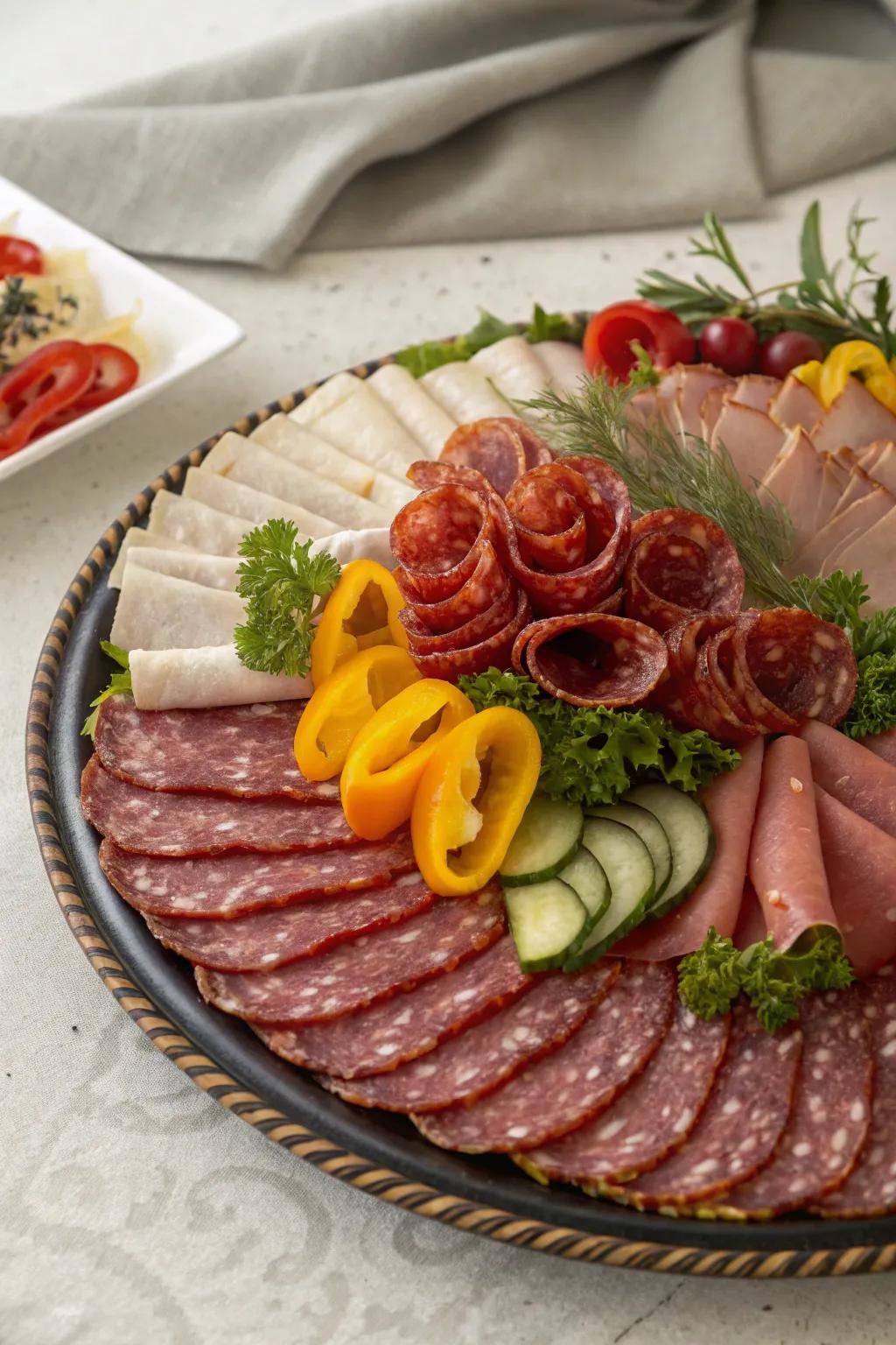 A delightful cured meat spread showcasing curled meats for a dash of polish.
