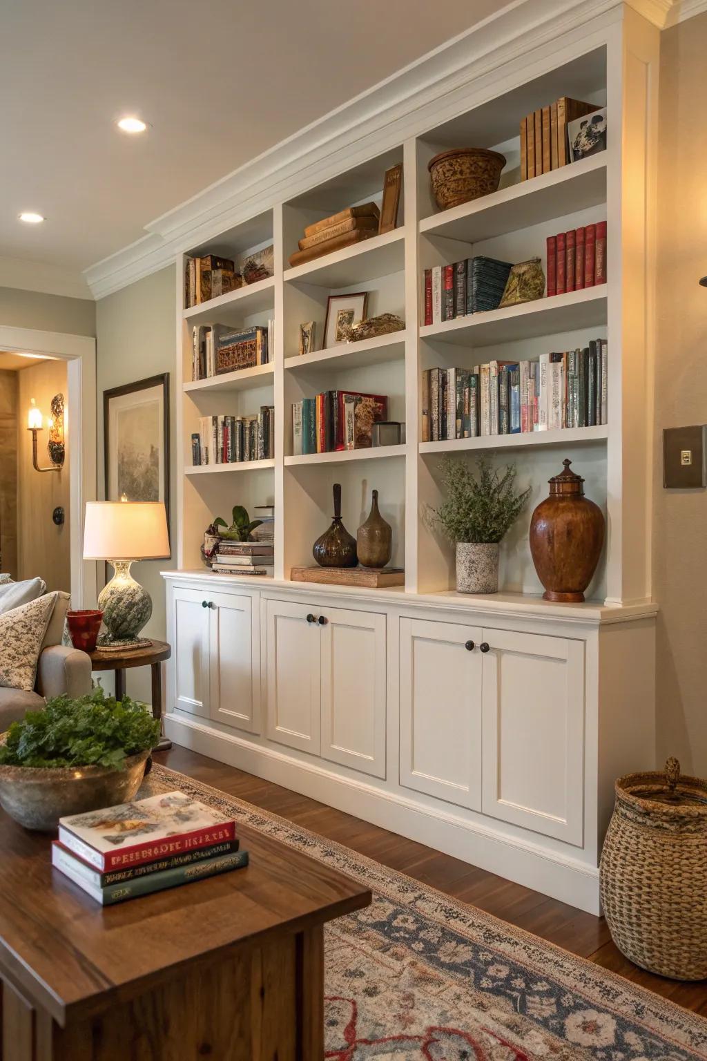 Integrated shelves enhance both storage and style in the great room.