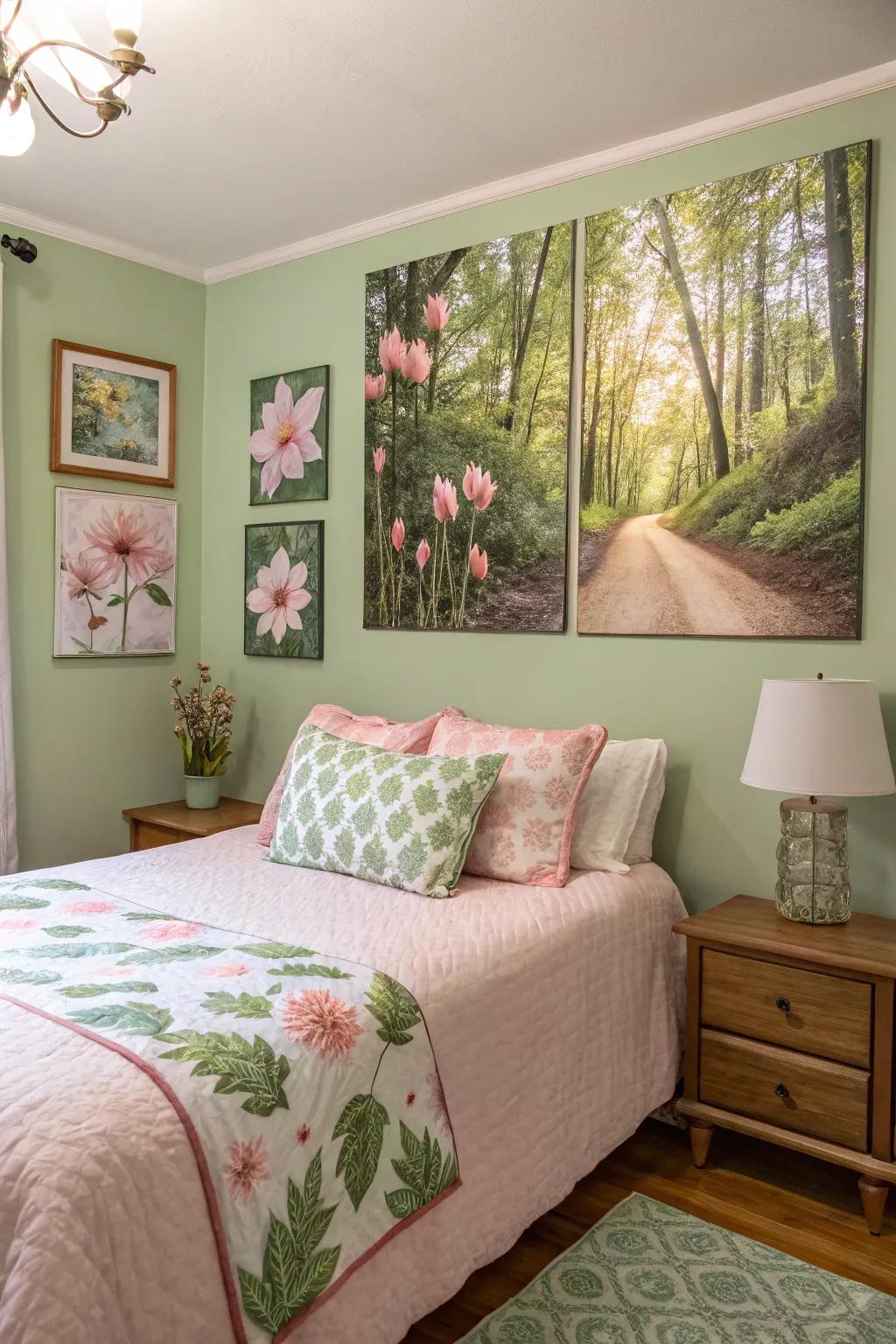 Nature-inspired art beautifully enhances verdant and rosy themes.