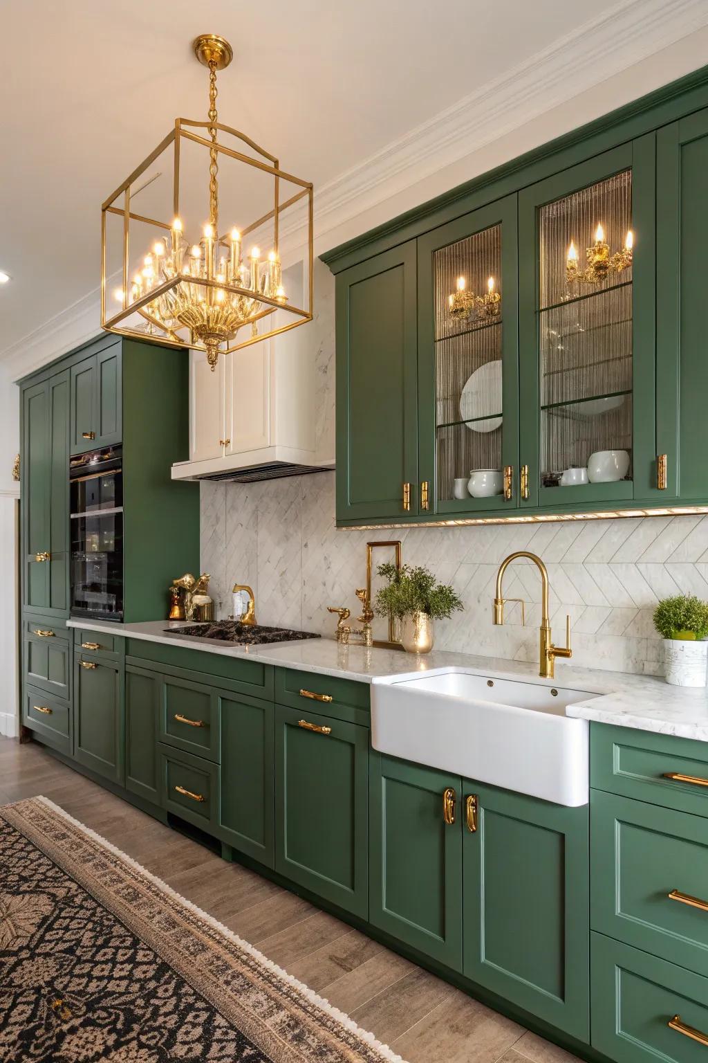 Lavish kitchen adorned with jeweled green cabinets and gold features.