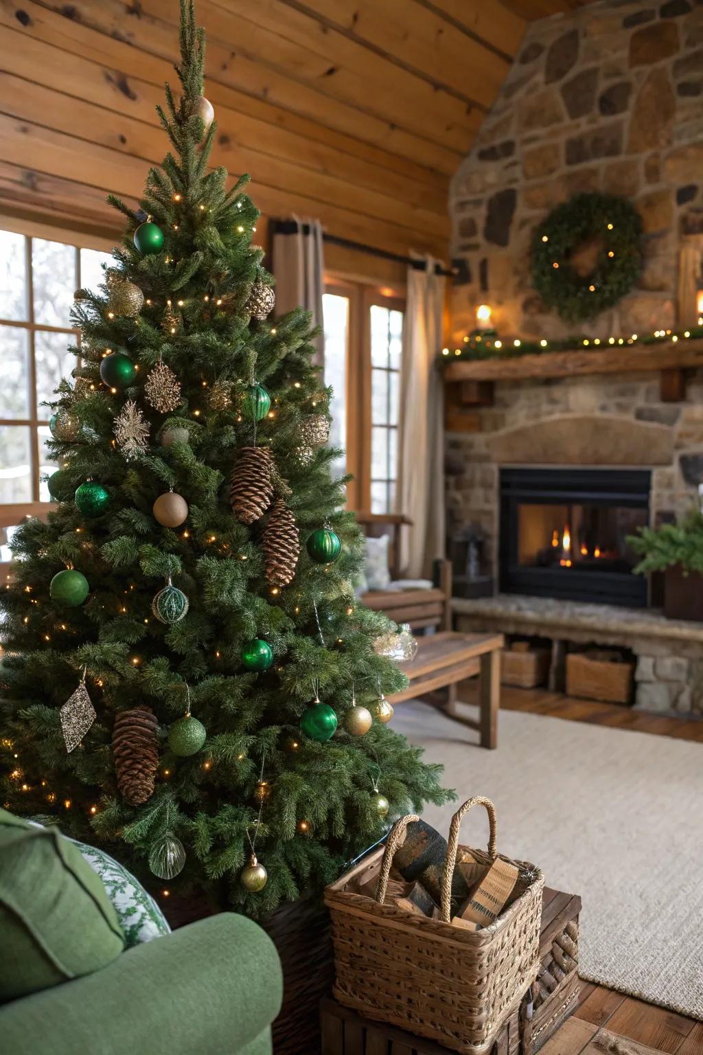 Rustic charm with green ornaments and pinecones.
