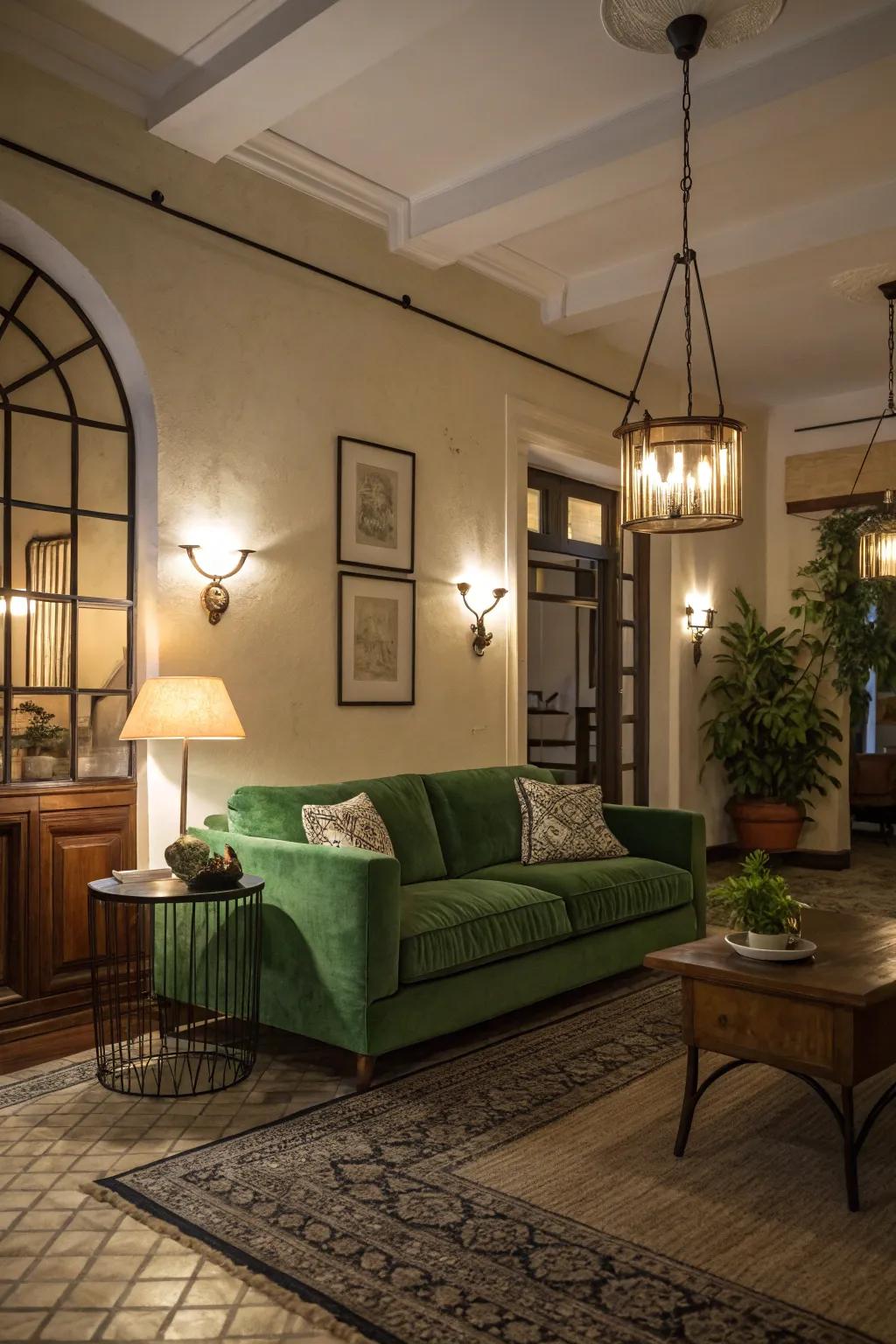 Layered illumination elevates the aesthetic appeal of an emerald sofa while shaping the room's mood.
