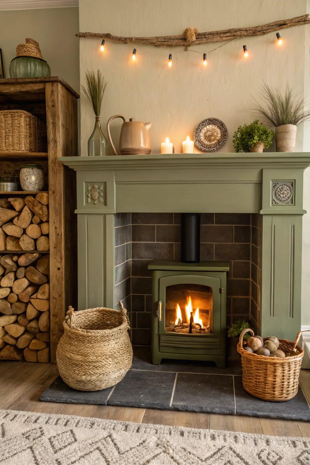An inviting fireplace basking in olive green tones and earthy decorative elements.